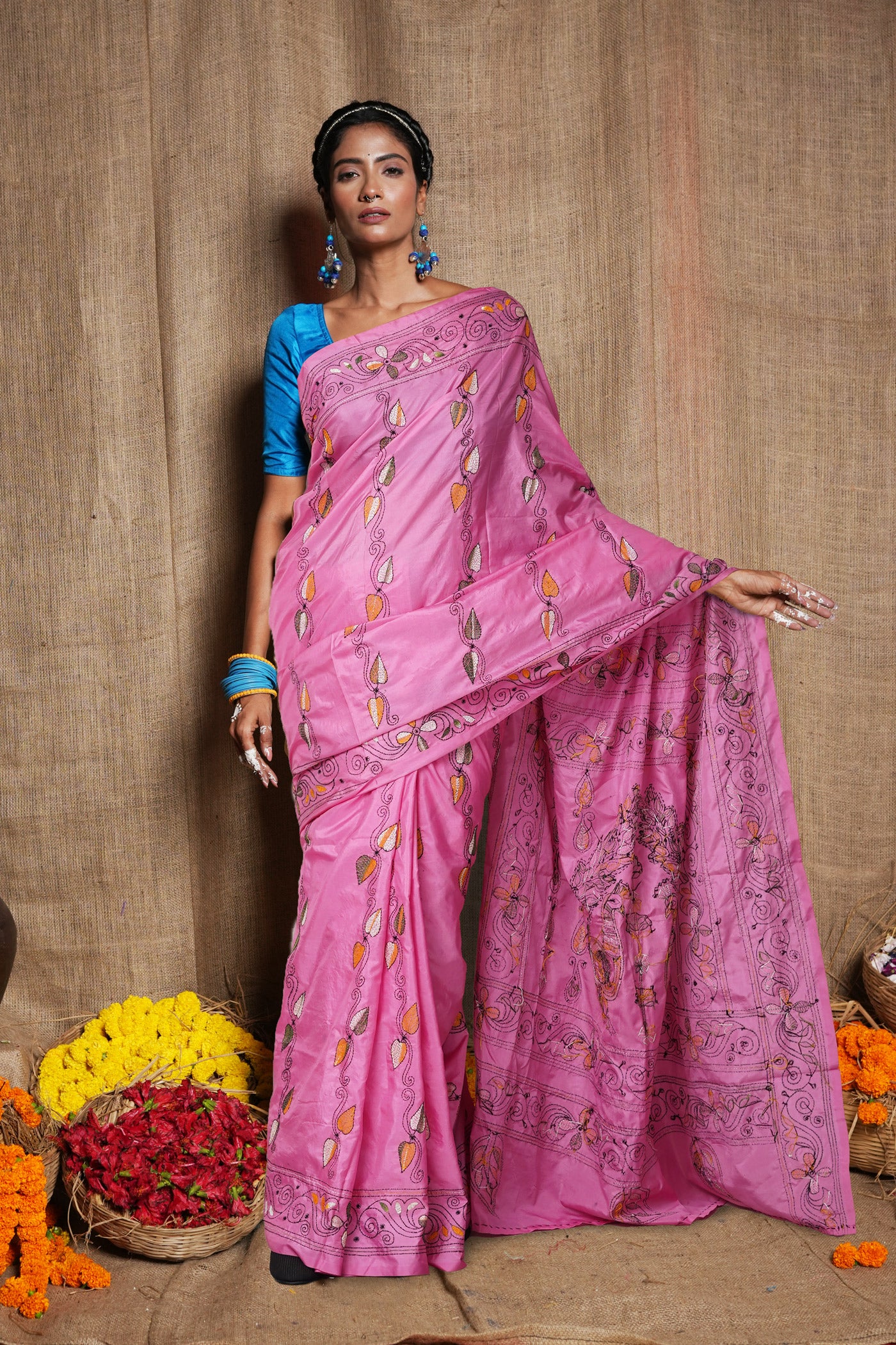 Pink Pure  Kantha Work Soft Silk Saree-UNM81581