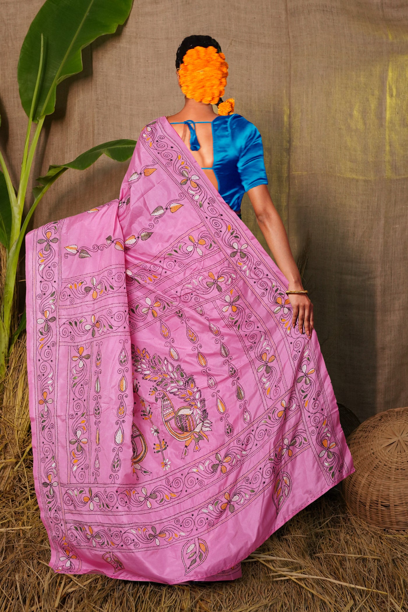 Pink Pure  Kantha Work Soft Silk Saree-UNM81581