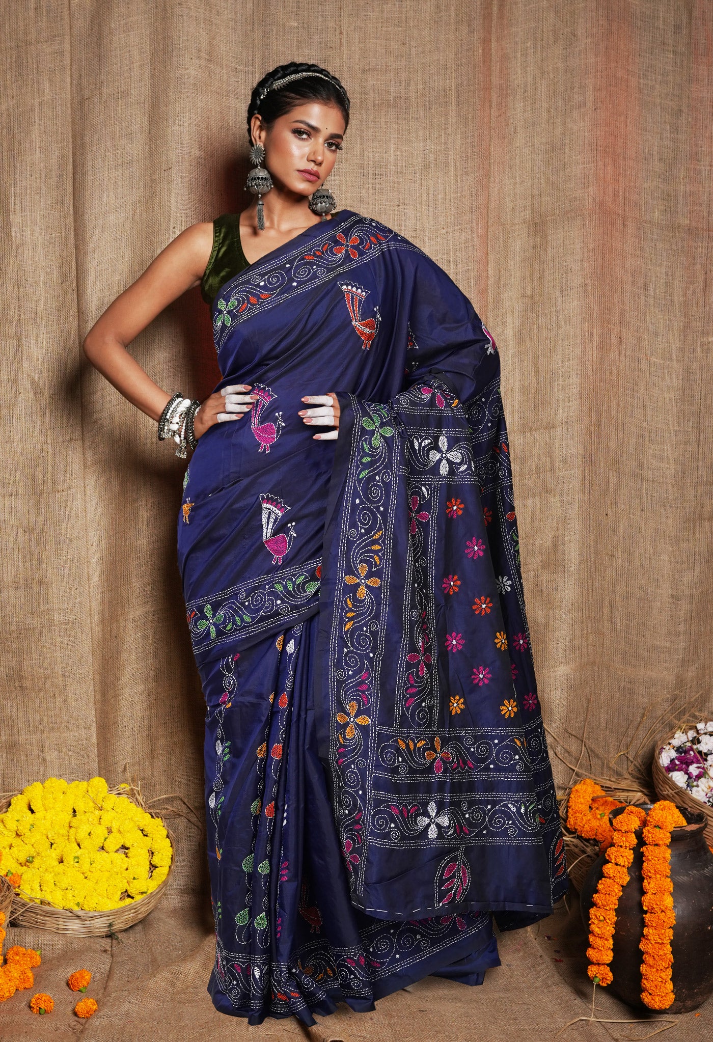 Navy Blue Pure  Kantha Work Soft Silk Saree-UNM81582