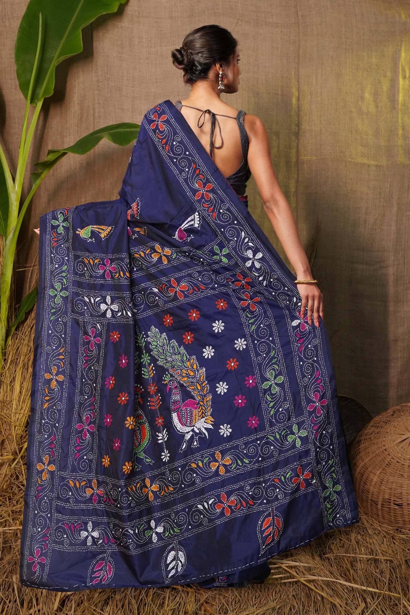 Navy Blue Pure  Kantha Work Soft Silk Saree-UNM81582