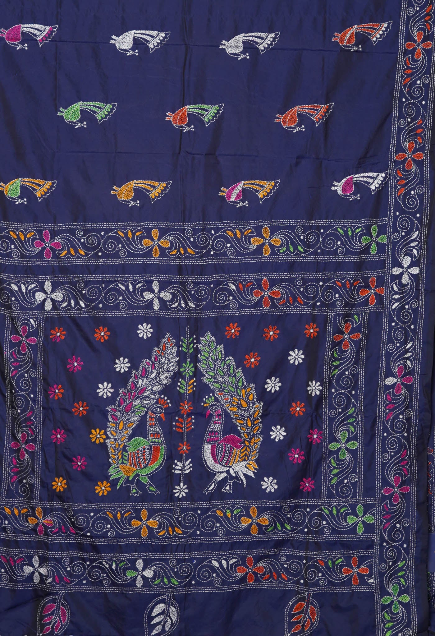 Navy Blue Pure  Kantha Work Soft Silk Saree-UNM81582