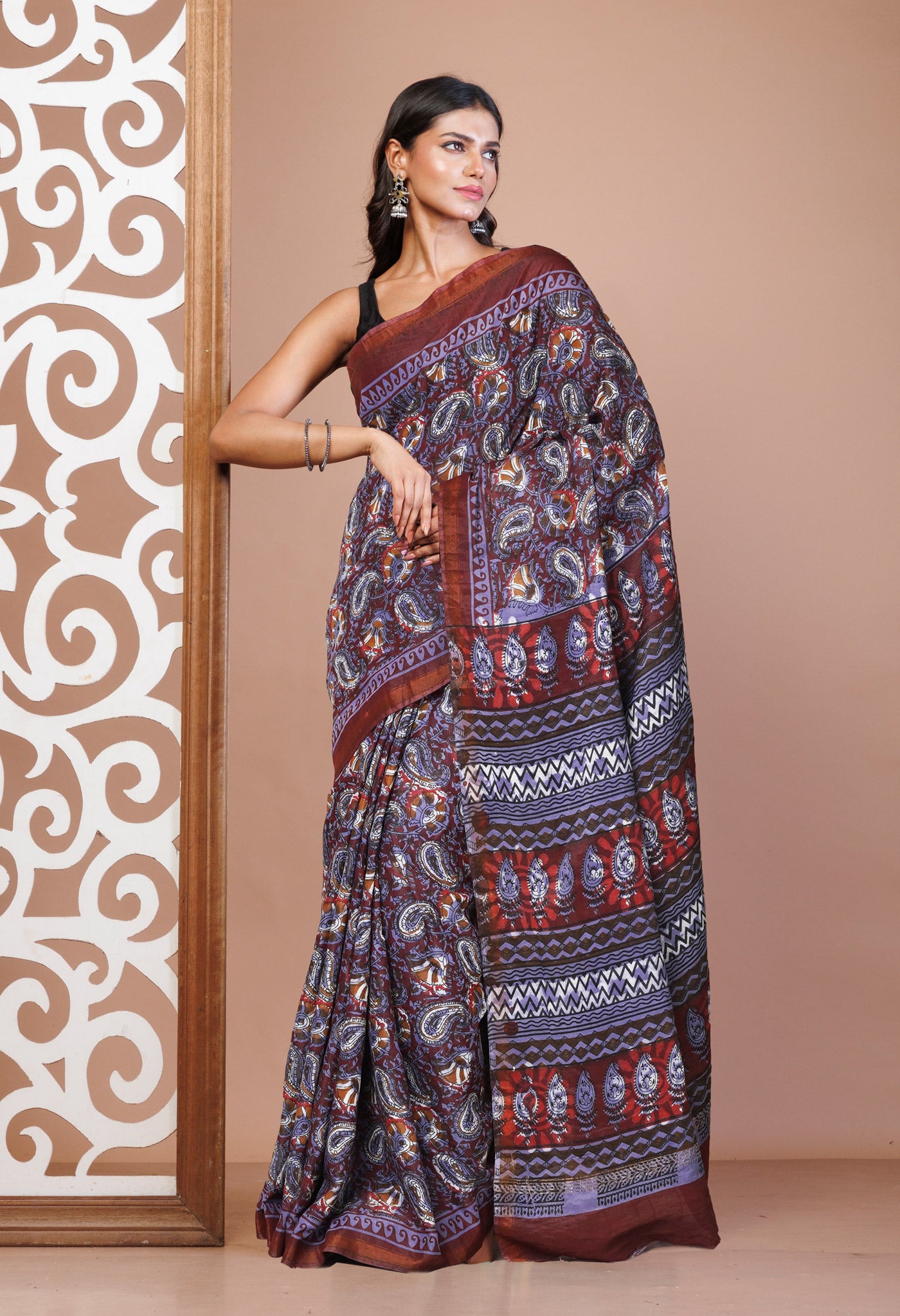 Red-Blue Pure  Hand Block Printed Pashmina Sico Saree-UNM81613