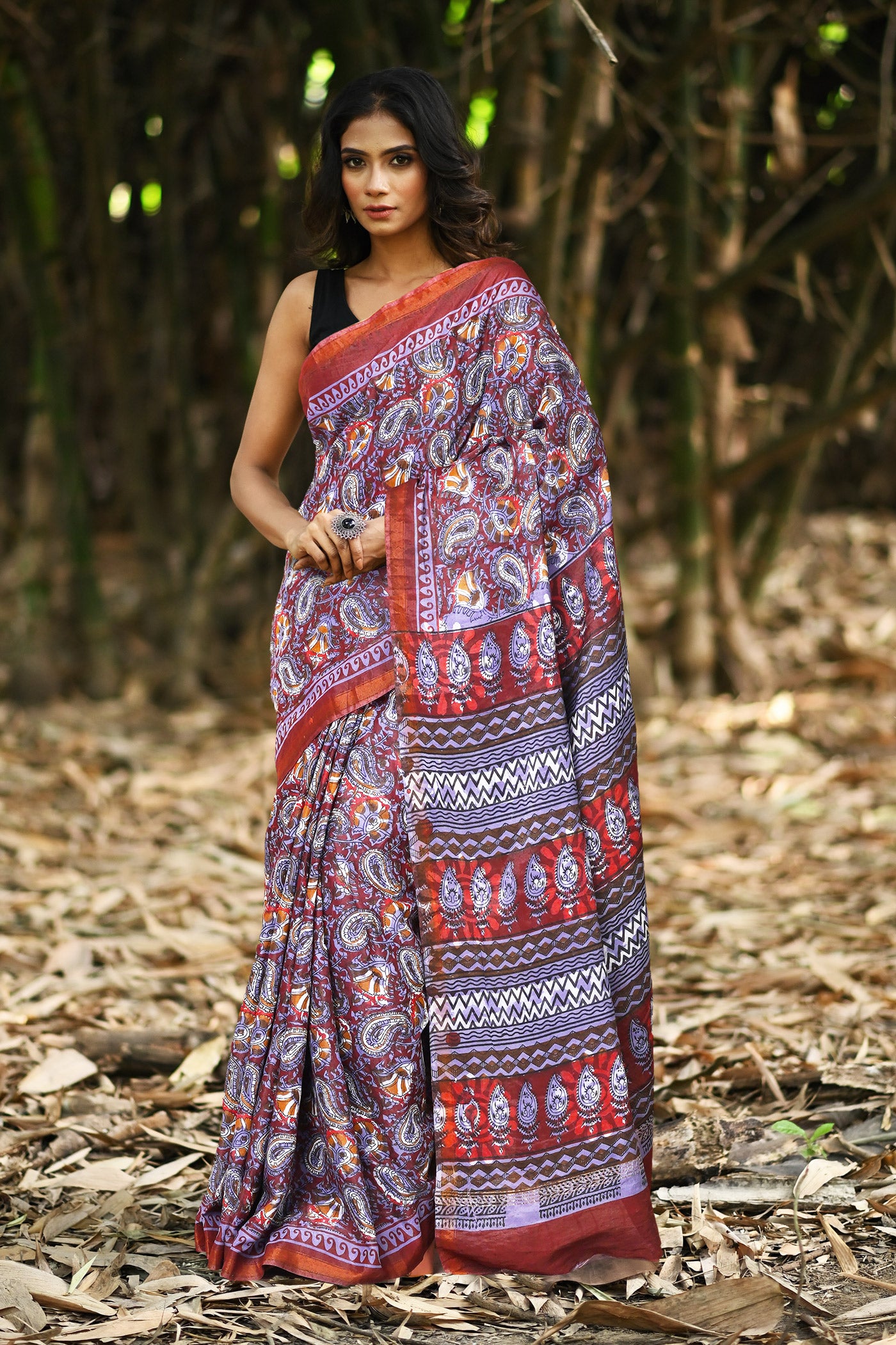 Red-Blue Pure  Hand Block Printed Pashmina Sico Saree-UNM81613