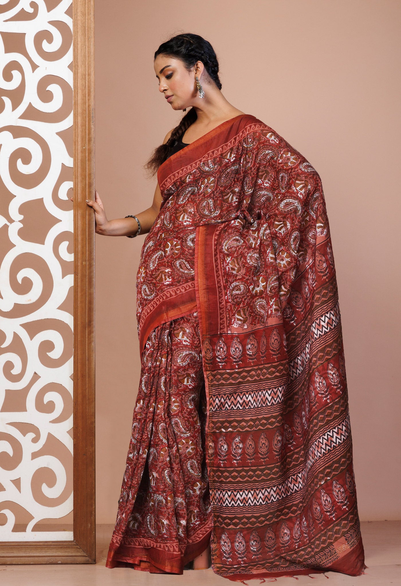 Brown-Pink Pure  Hand Block Printed Pashmina Sico Saree-UNM81614