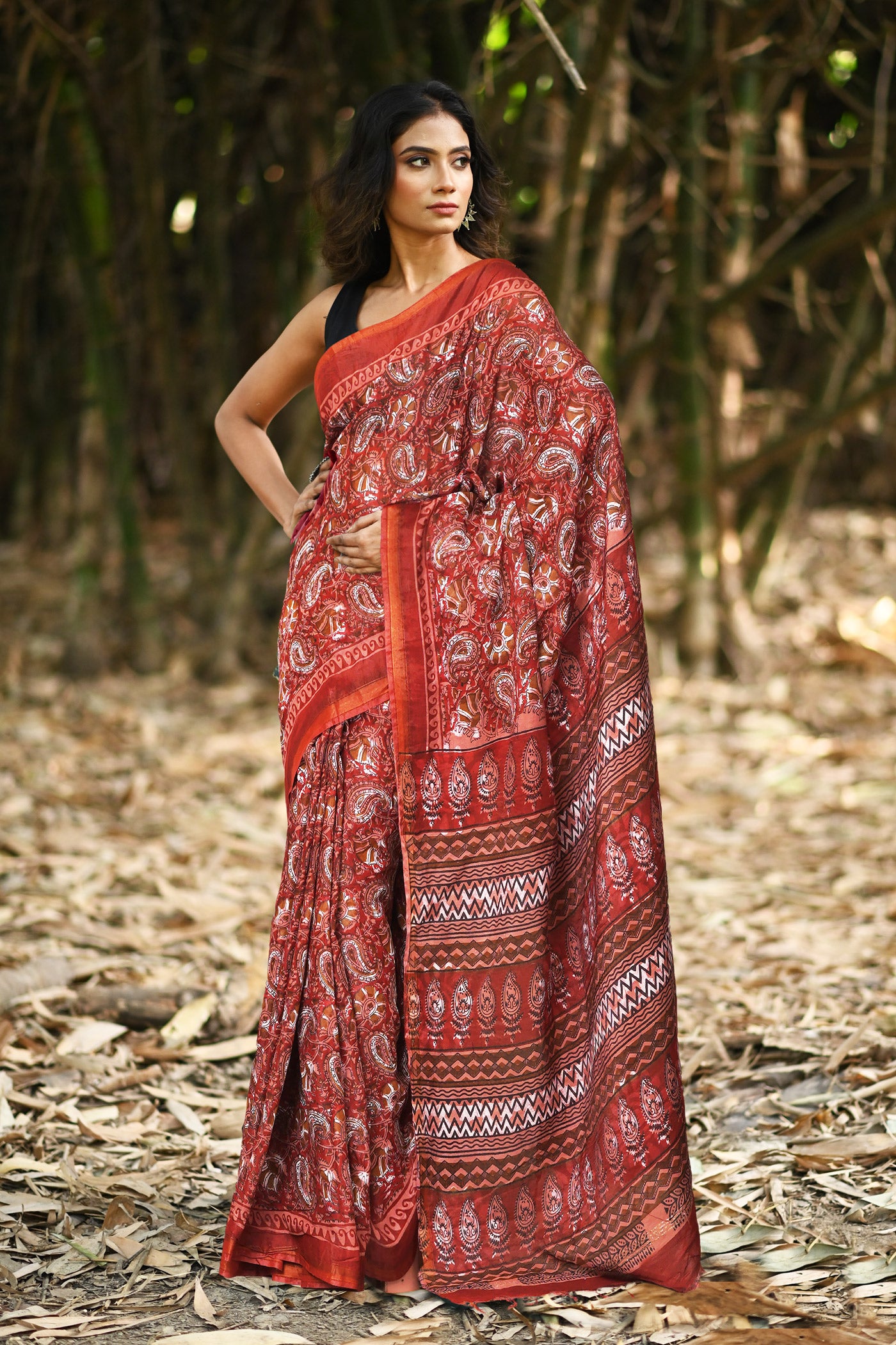 Brown-Pink Pure  Hand Block Printed Pashmina Sico Saree-UNM81614