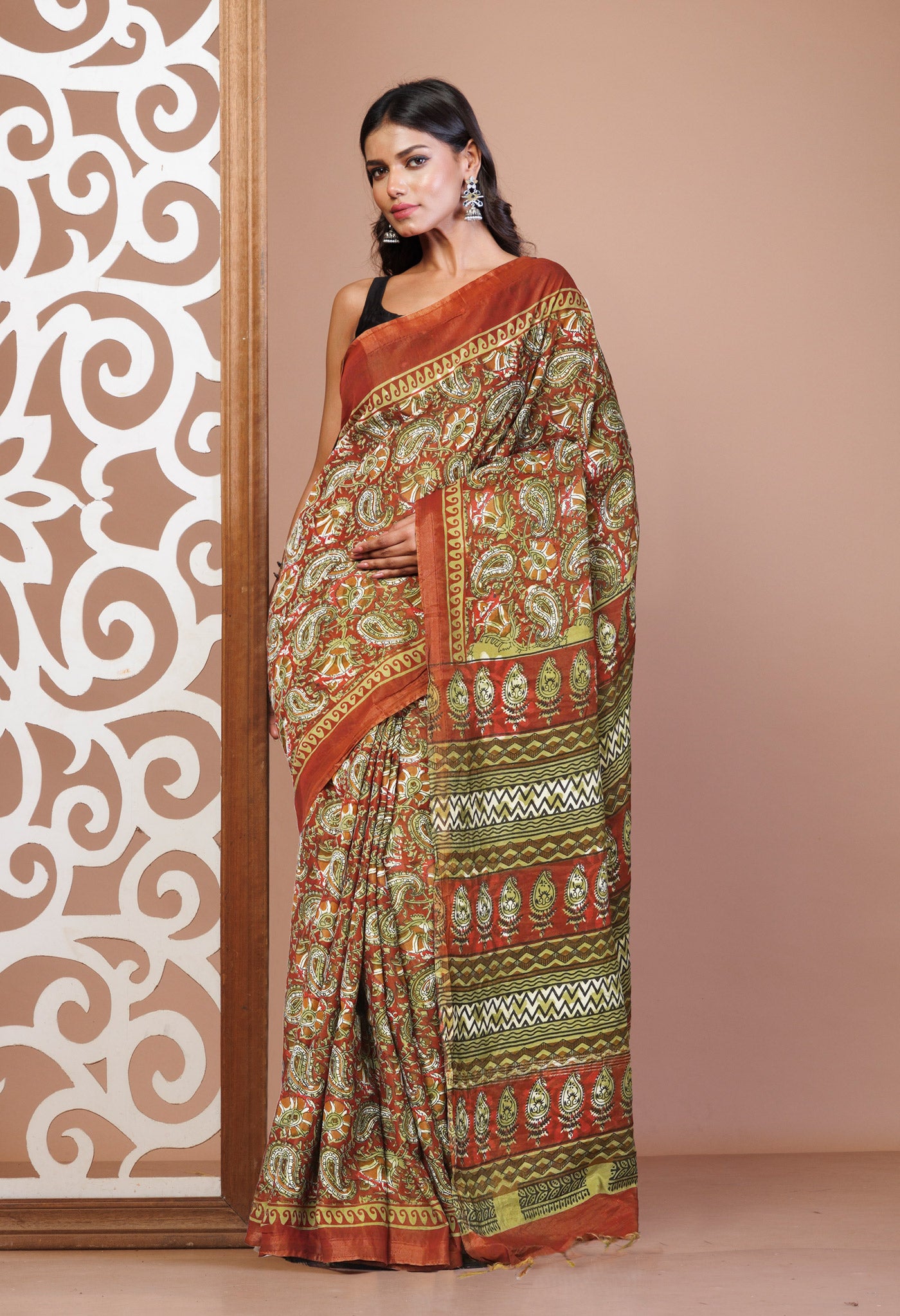 Red-Green Pure  Hand Block Printed Pashmina Sico Saree-UNM81615