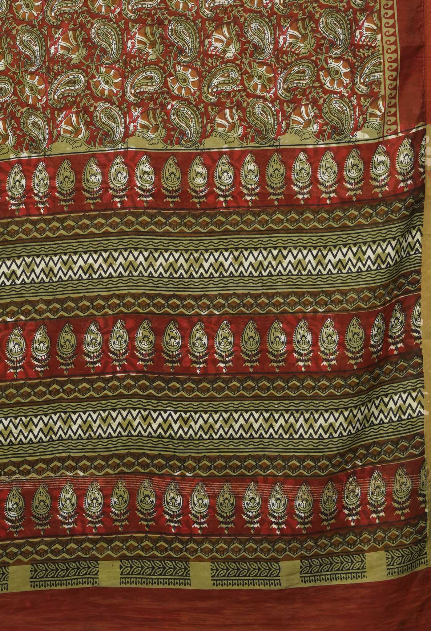 Red-Green Pure  Hand Block Printed Pashmina Sico Saree-UNM81615