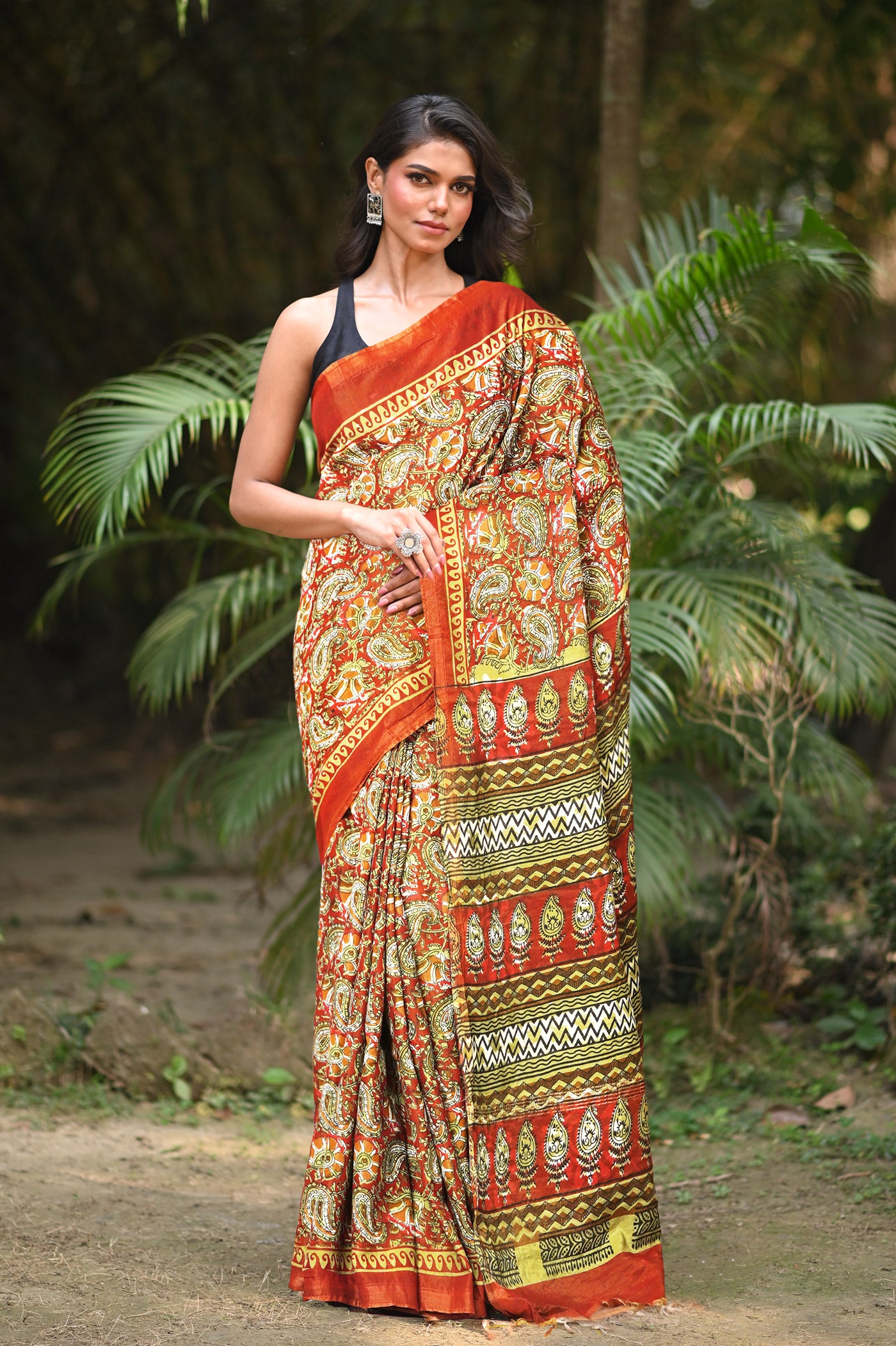 Red-Green Pure  Hand Block Printed Pashmina Sico Saree-UNM81615