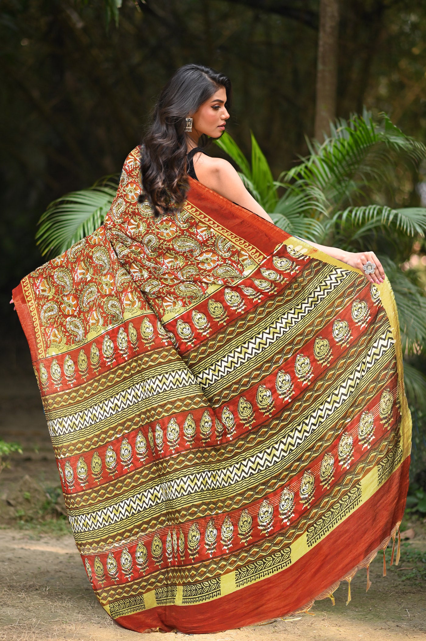 Red-Green Pure  Hand Block Printed Pashmina Sico Saree-UNM81615