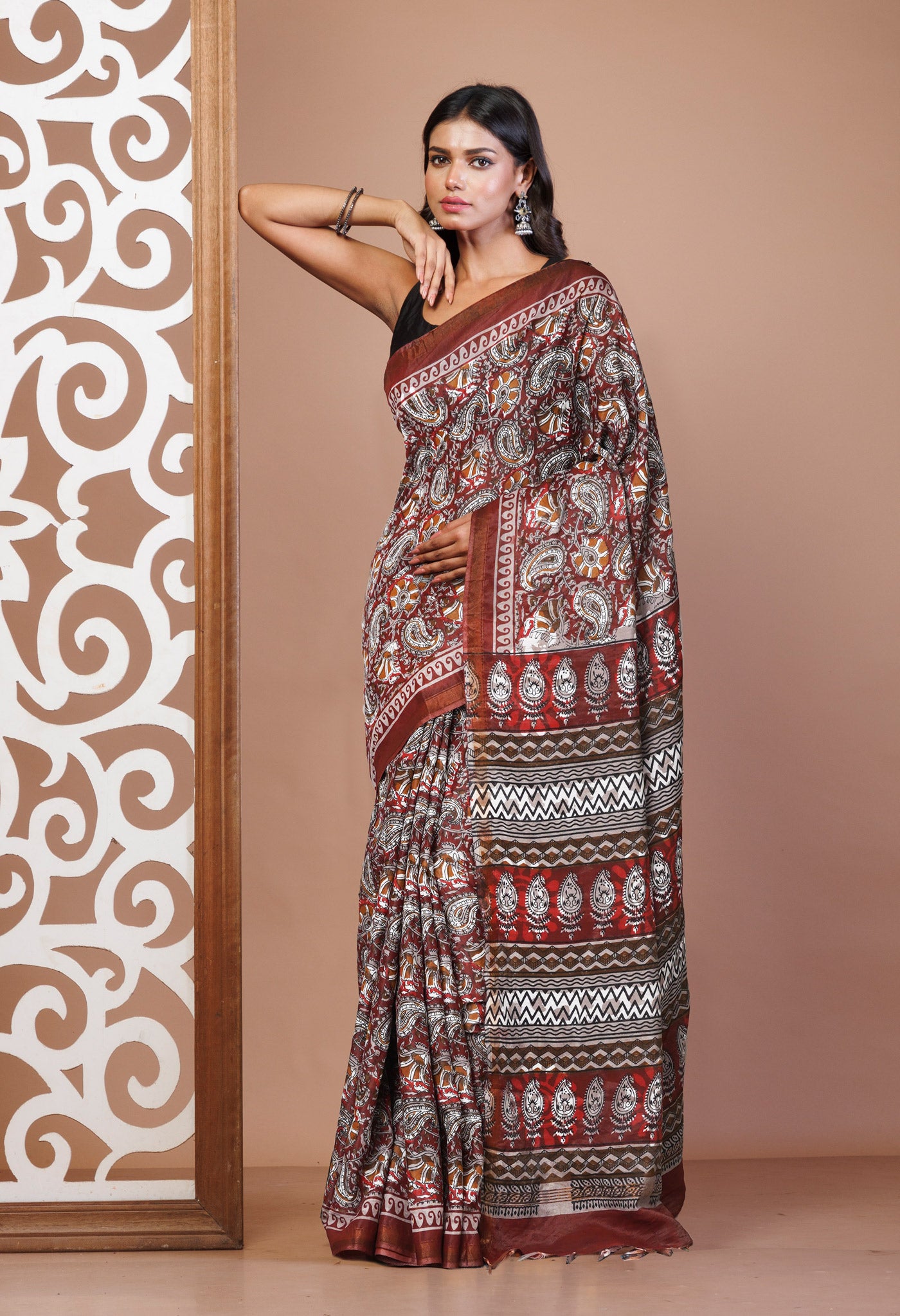 Red-Grey Pure  Hand Block Printed Pashmina Sico Saree-UNM81616