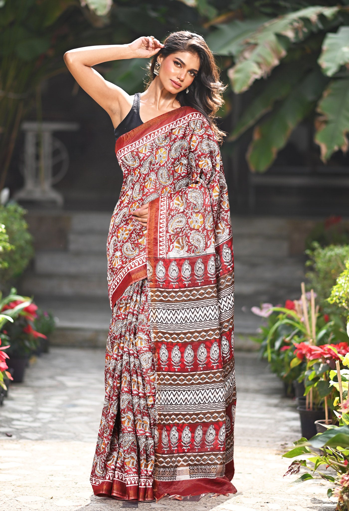 Red-Grey Pure  Hand Block Printed Pashmina Sico Saree-UNM81616