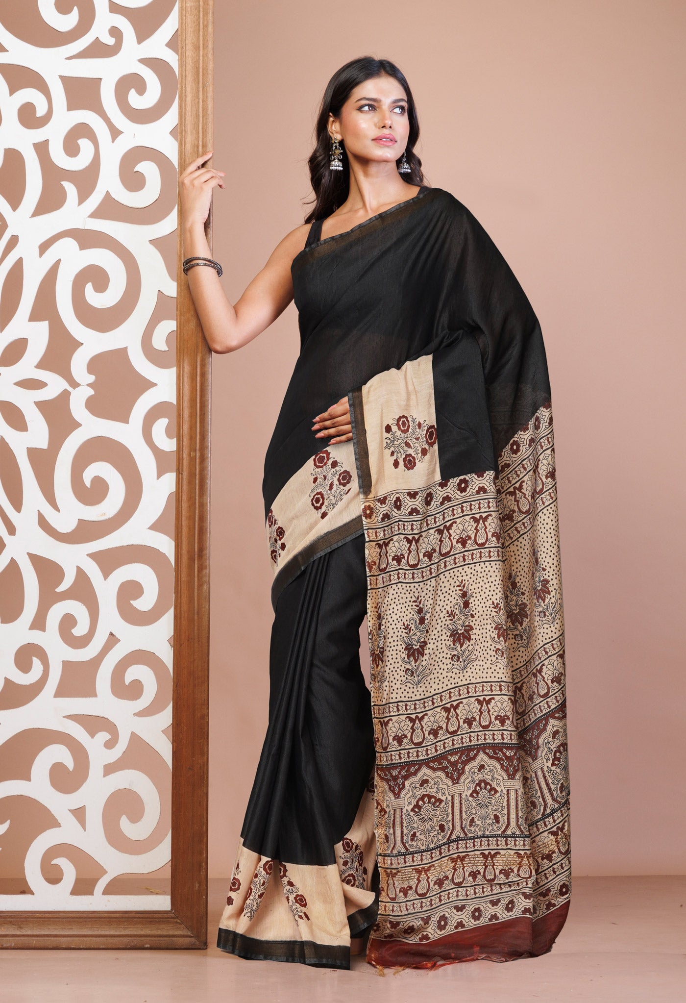 Black Pure  Hand Block Printed Pashmina Sico Saree-UNM81617