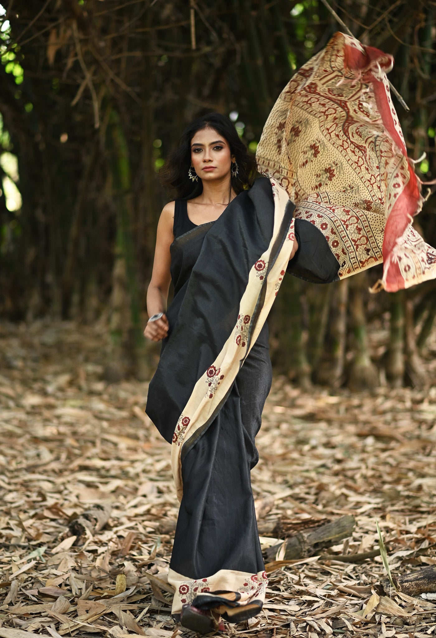 Black Pure  Hand Block Printed Pashmina Sico Saree-UNM81617