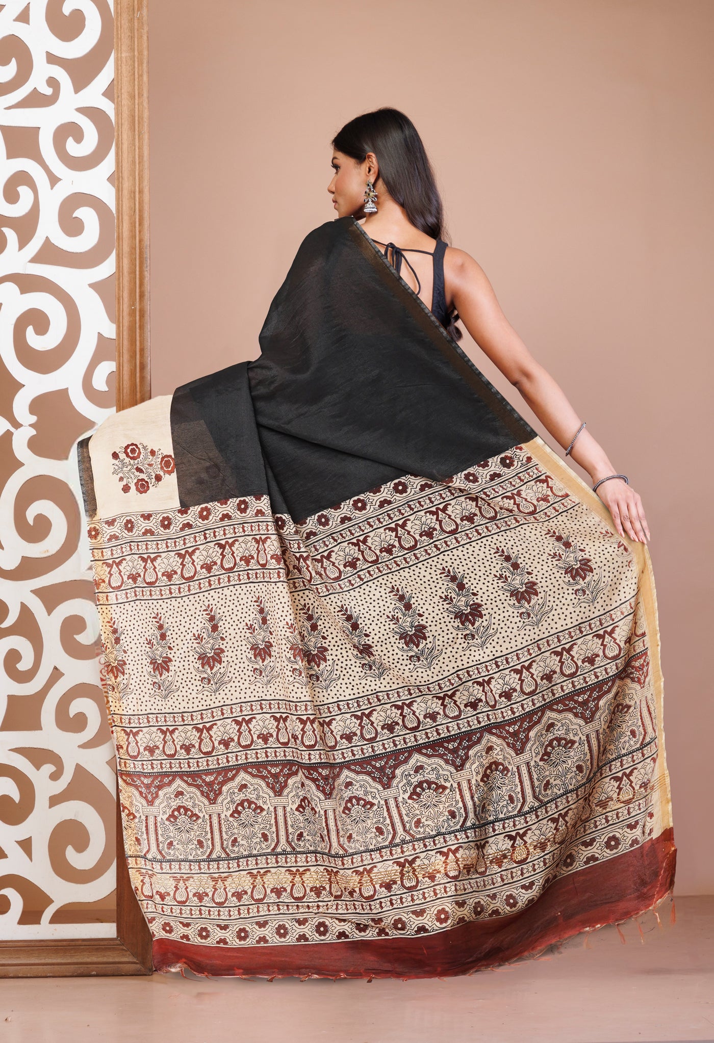 Black Pure  Hand Block Printed Pashmina Sico Saree-UNM81617