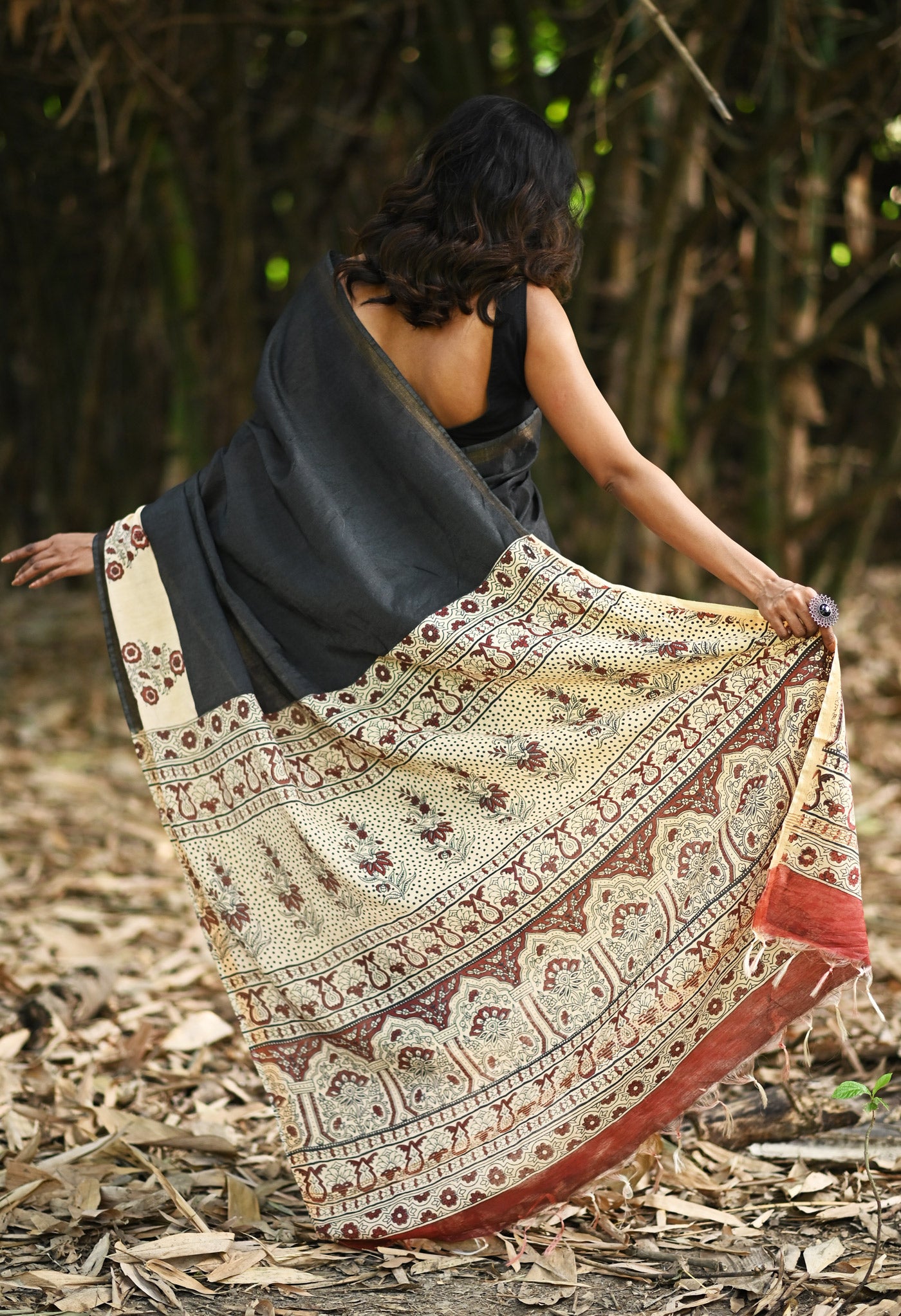 Black Pure  Hand Block Printed Pashmina Sico Saree-UNM81617