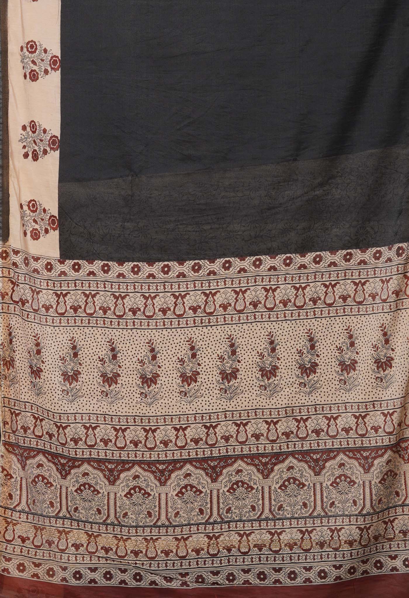 Black Pure  Hand Block Printed Pashmina Sico Saree-UNM81617