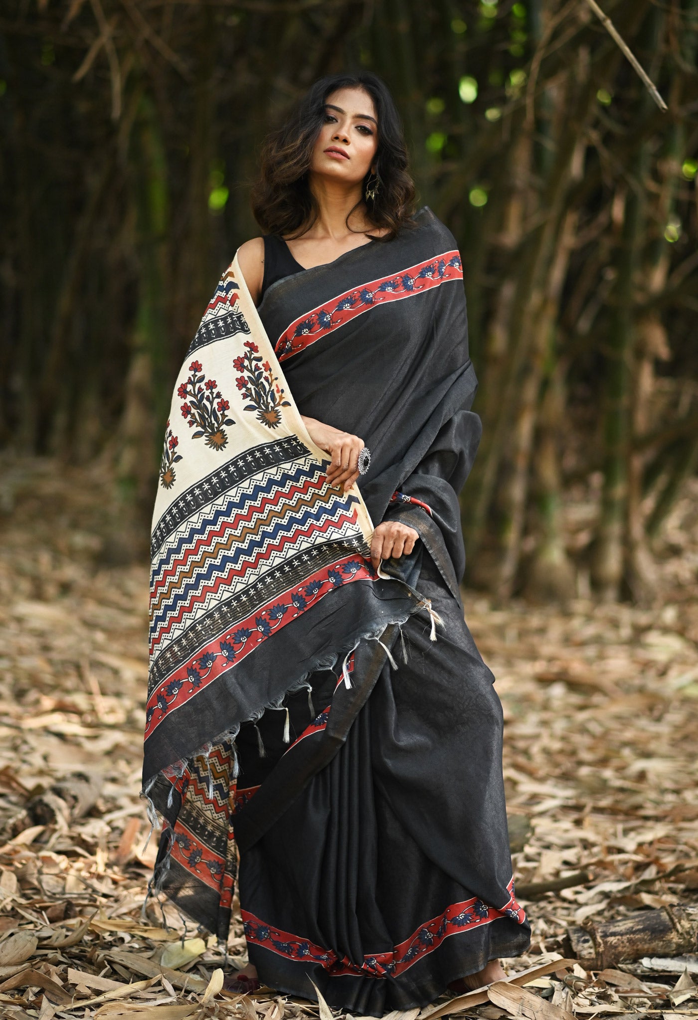 Black Pure  Hand Block Printed Pashmina Sico Saree-UNM81618