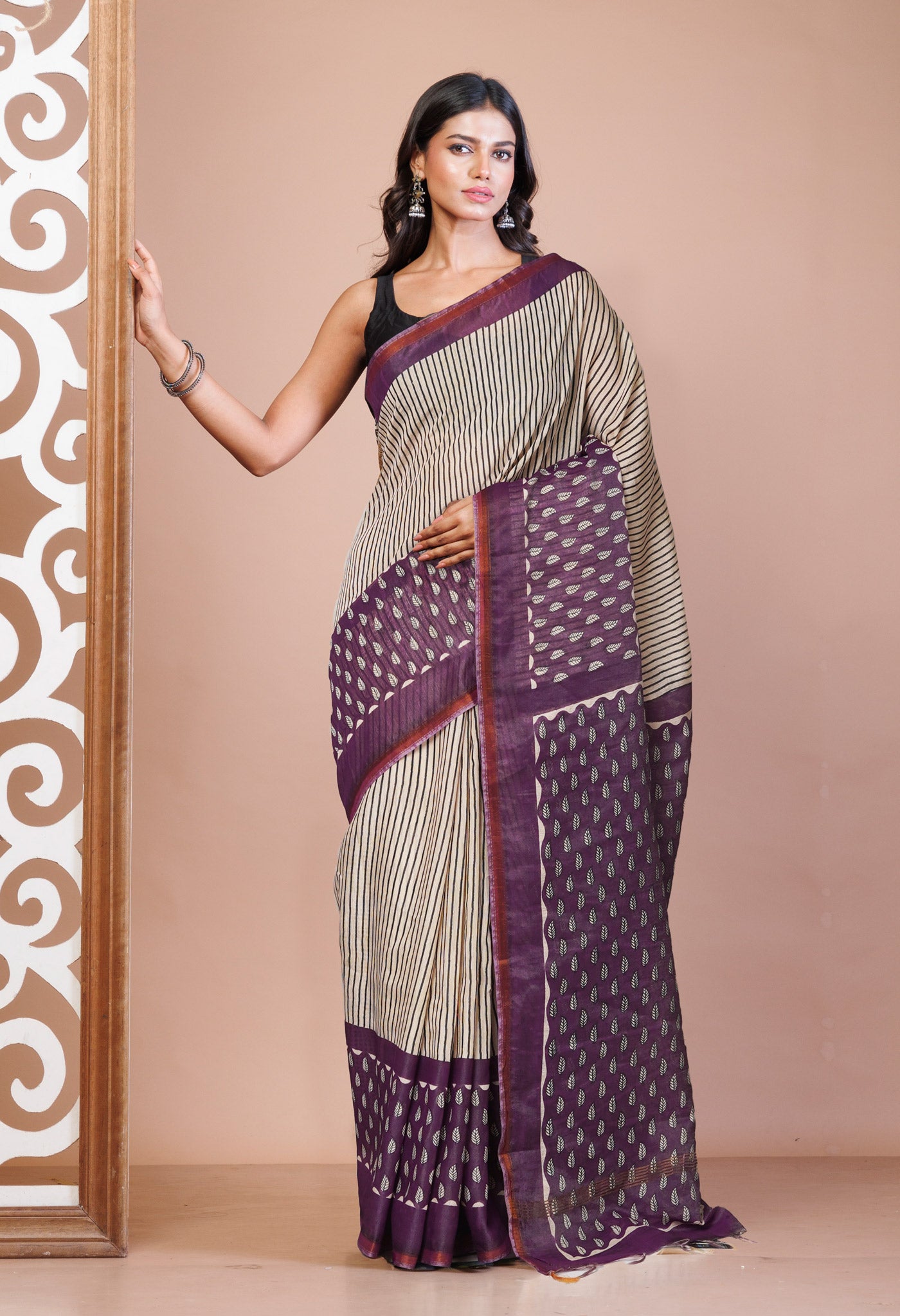 Cream Pure  Hand Block Printed Pashmina Sico Saree-UNM81619