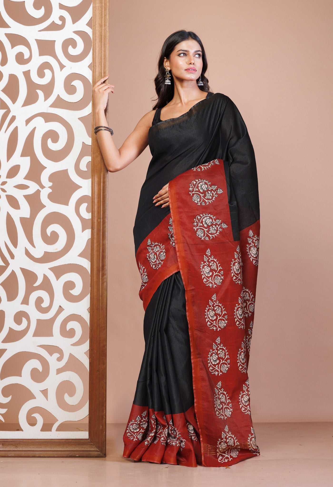 Black Pure  Hand Block Printed Pashmina Sico Saree-UNM81620