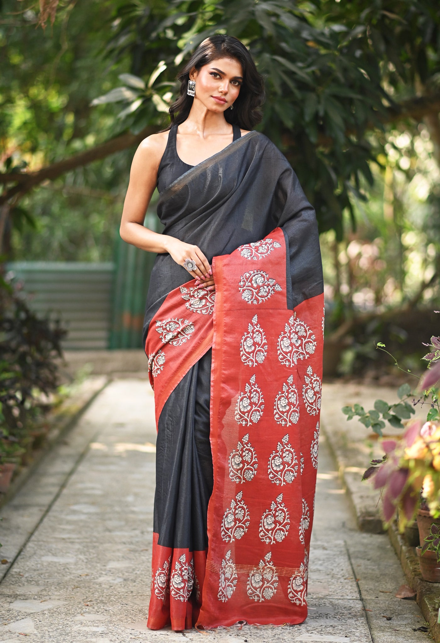 Black Pure  Hand Block Printed Pashmina Sico Saree-UNM81620