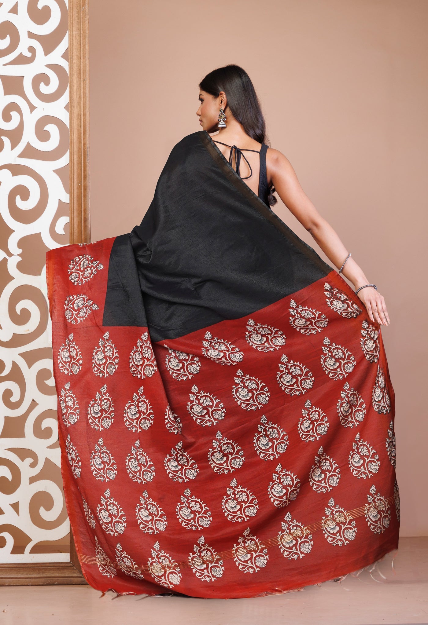 Black Pure  Hand Block Printed Pashmina Sico Saree-UNM81620