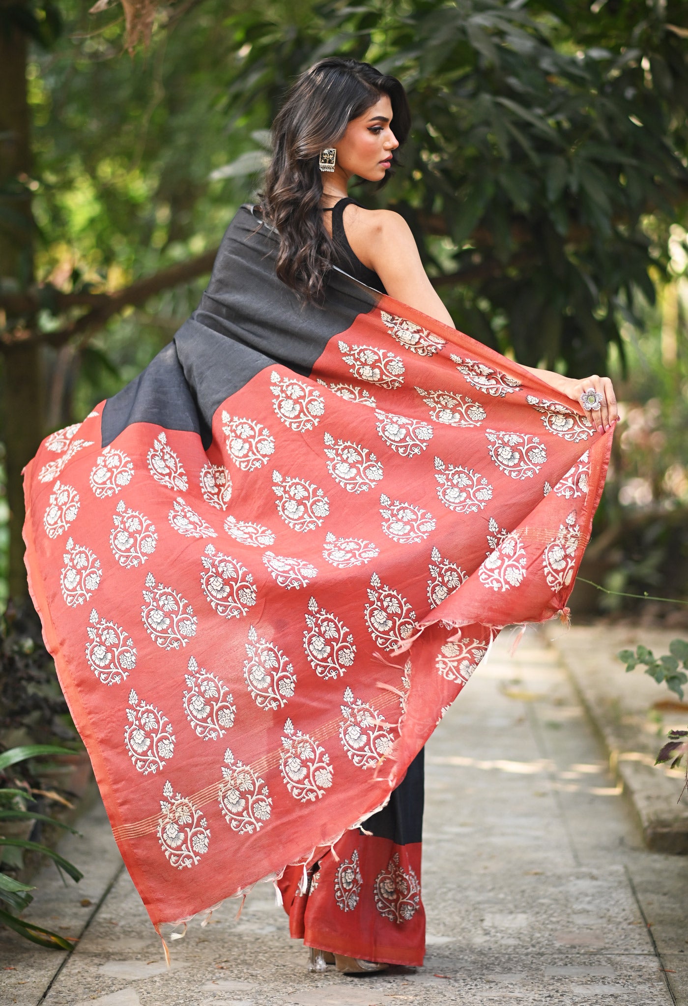 Black Pure  Hand Block Printed Pashmina Sico Saree-UNM81620