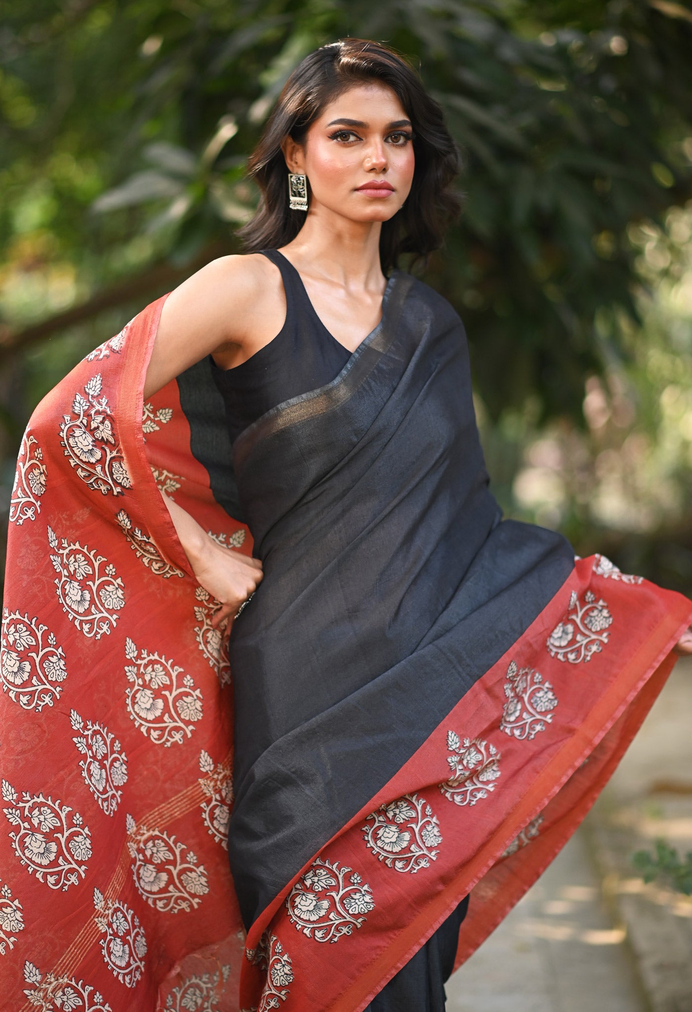 Black Pure  Hand Block Printed Pashmina Sico Saree-UNM81620