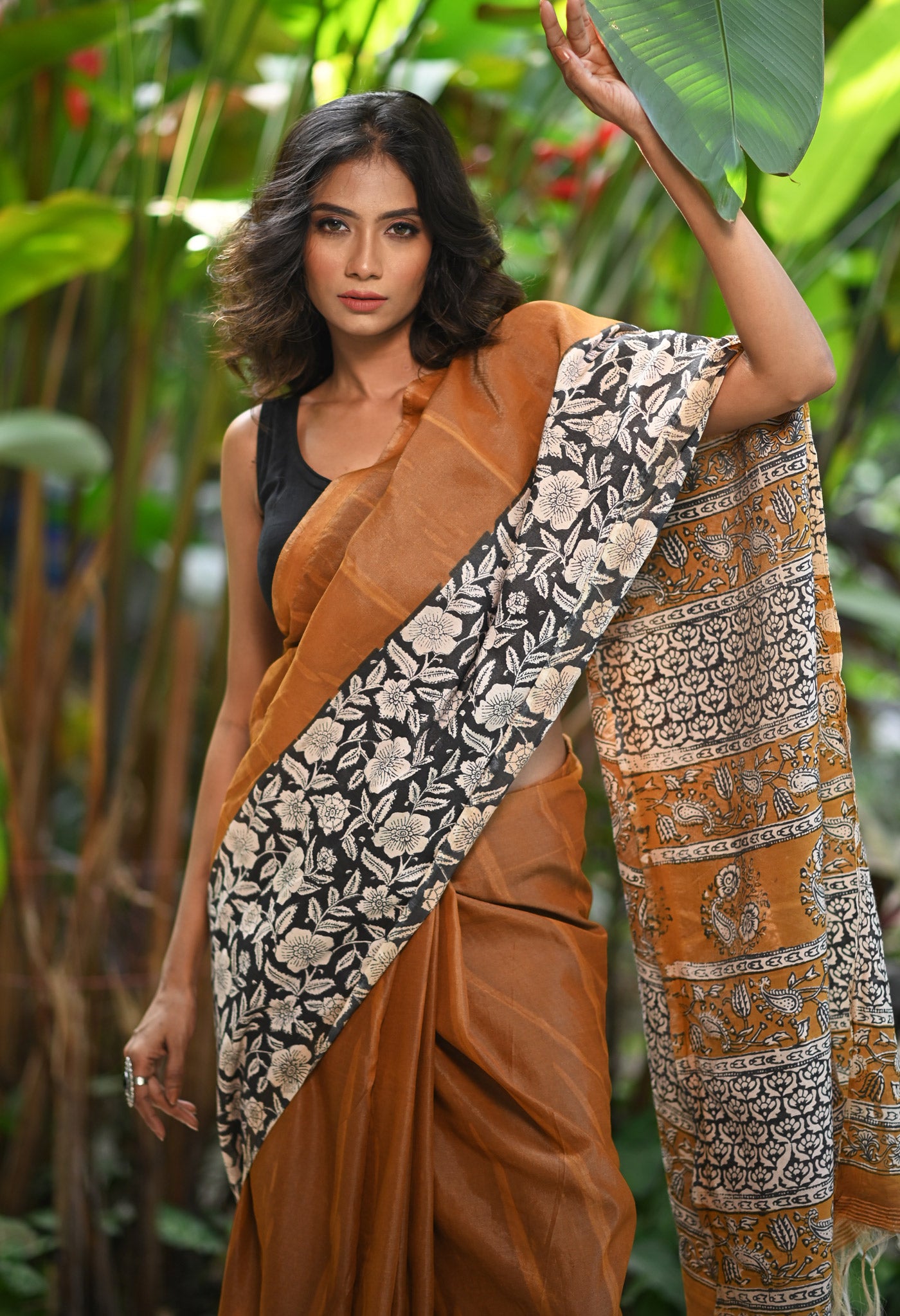 Brown Pure  Hand Block Printed Pashmina Sico Saree-UNM81621