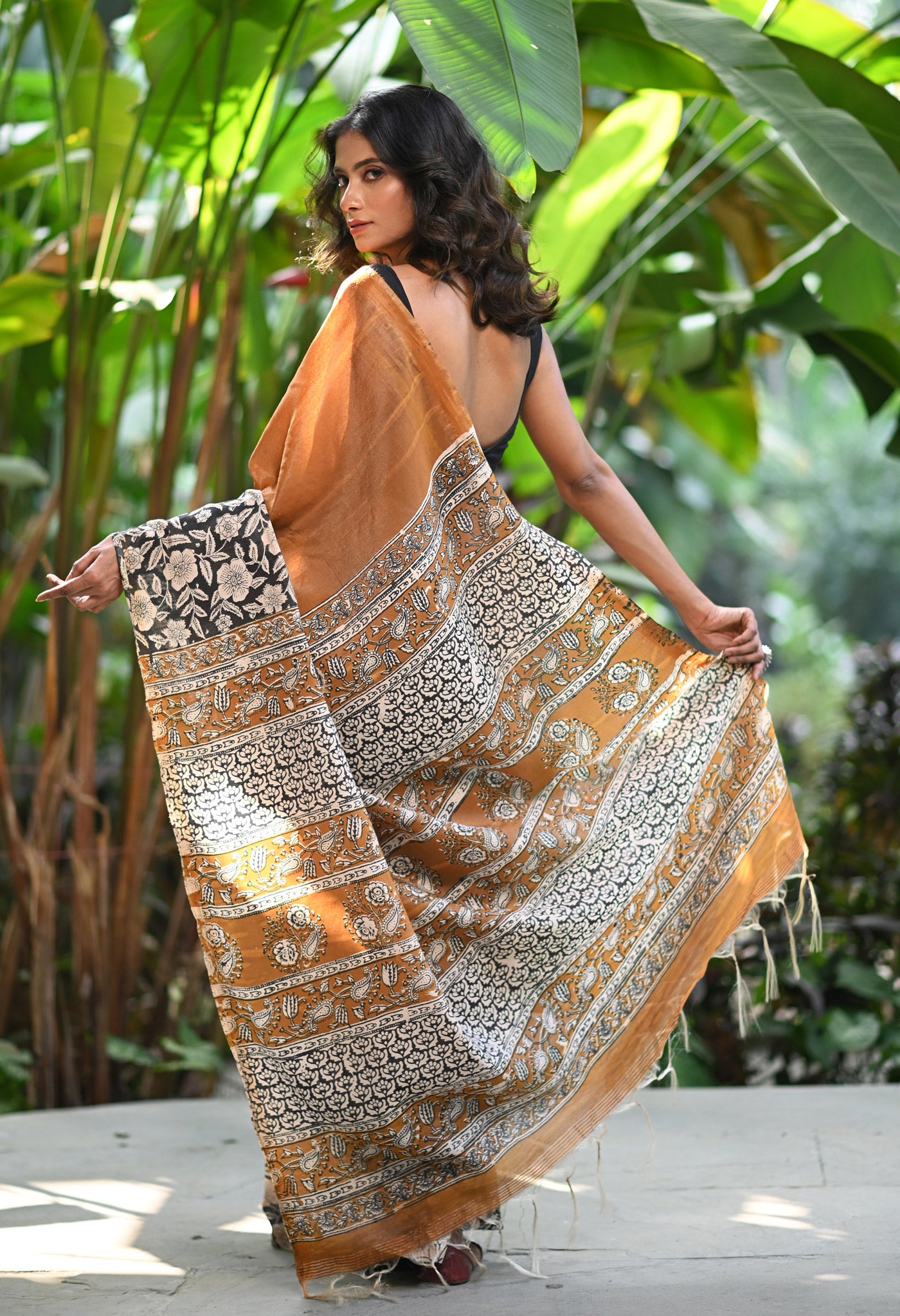 Brown Pure  Hand Block Printed Pashmina Sico Saree-UNM81621