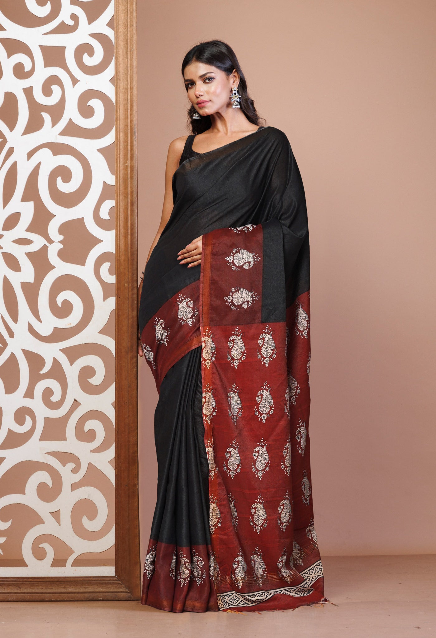 Black Pure  Hand Block Printed Pashmina Sico Saree-UNM81622