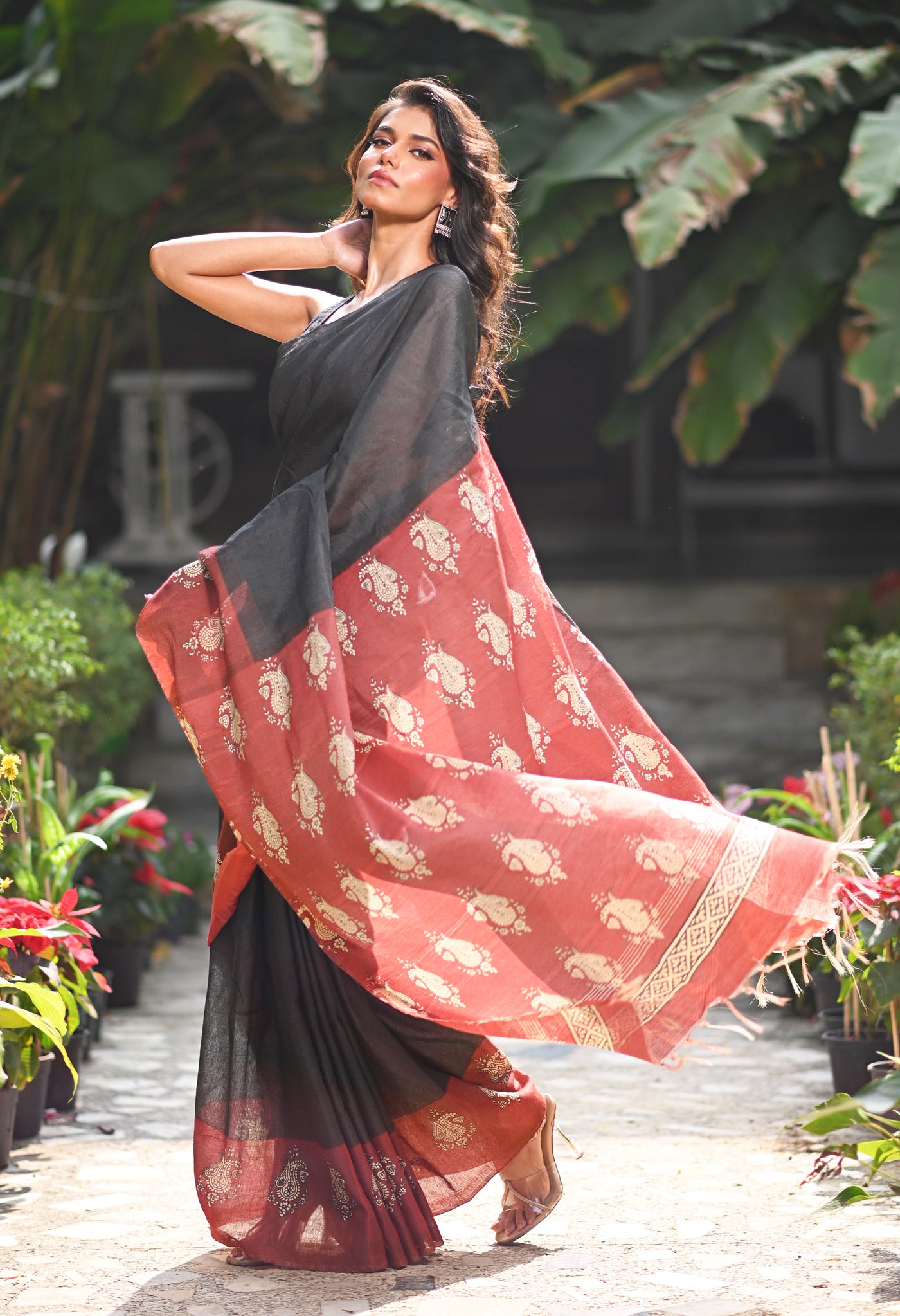 Black Pure  Hand Block Printed Pashmina Sico Saree-UNM81622