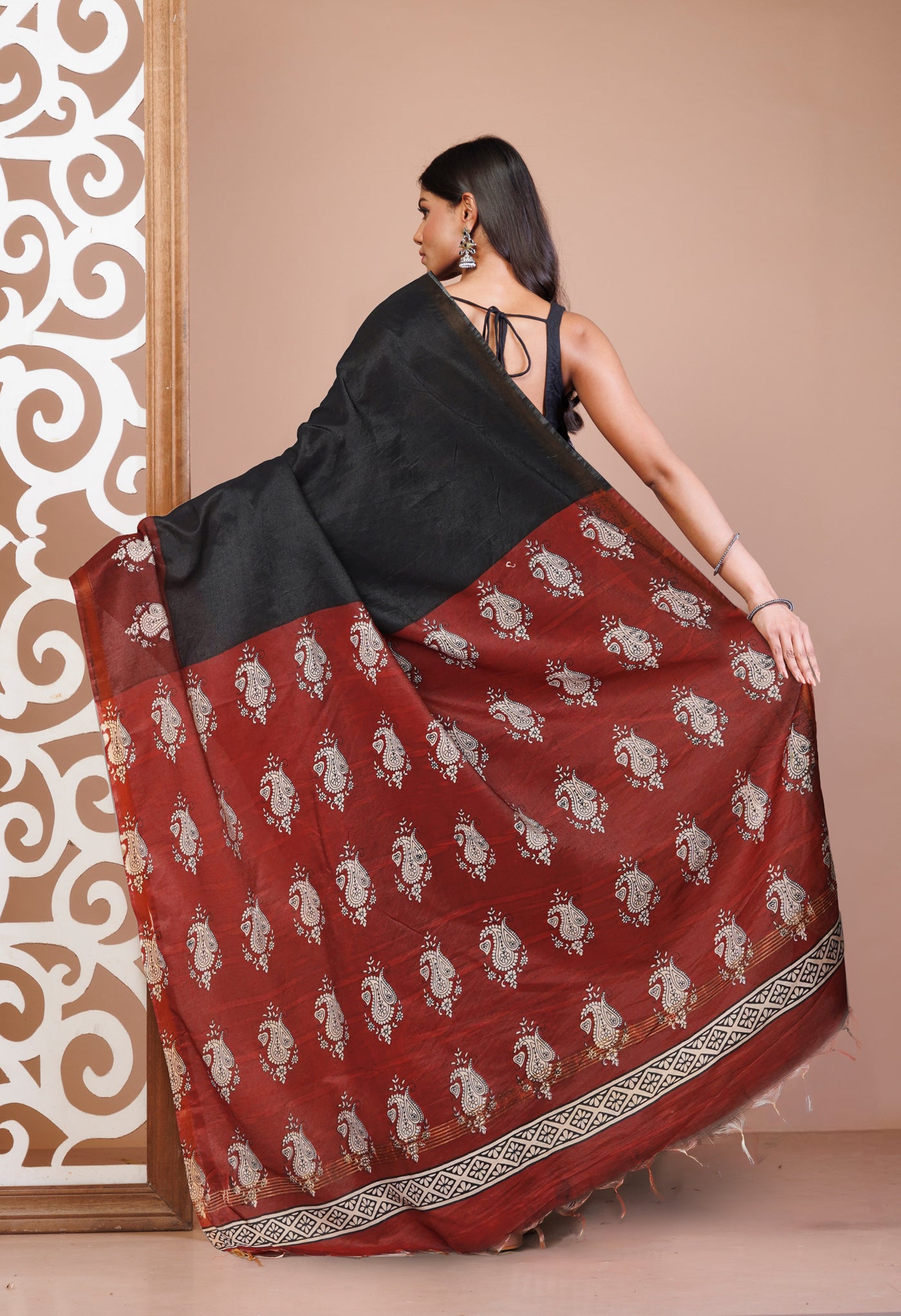 Black Pure  Hand Block Printed Pashmina Sico Saree-UNM81622