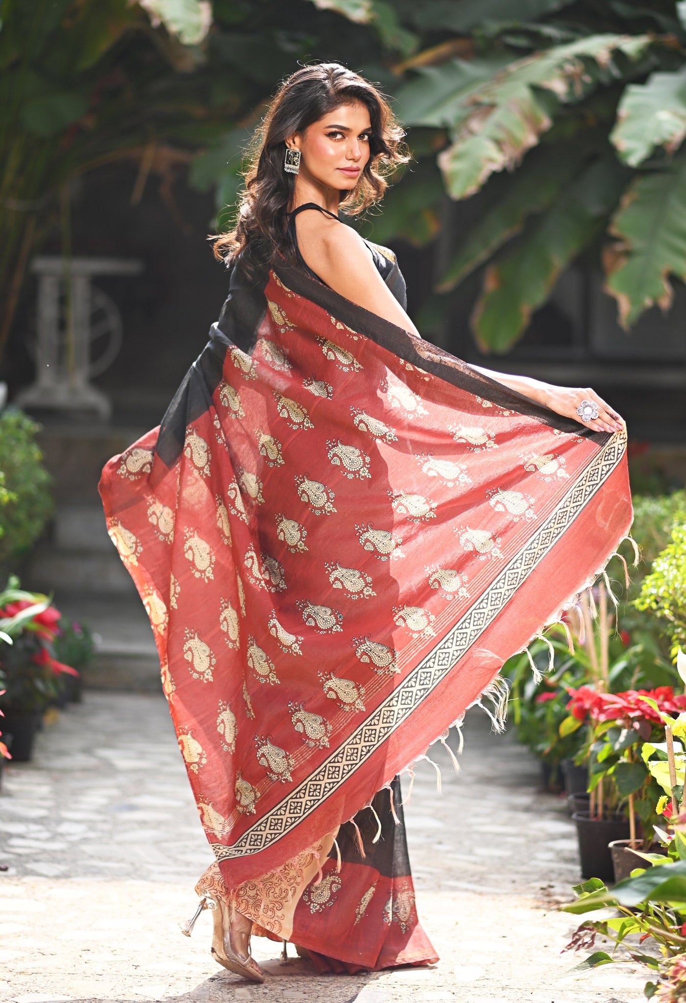 Black Pure  Hand Block Printed Pashmina Sico Saree-UNM81622