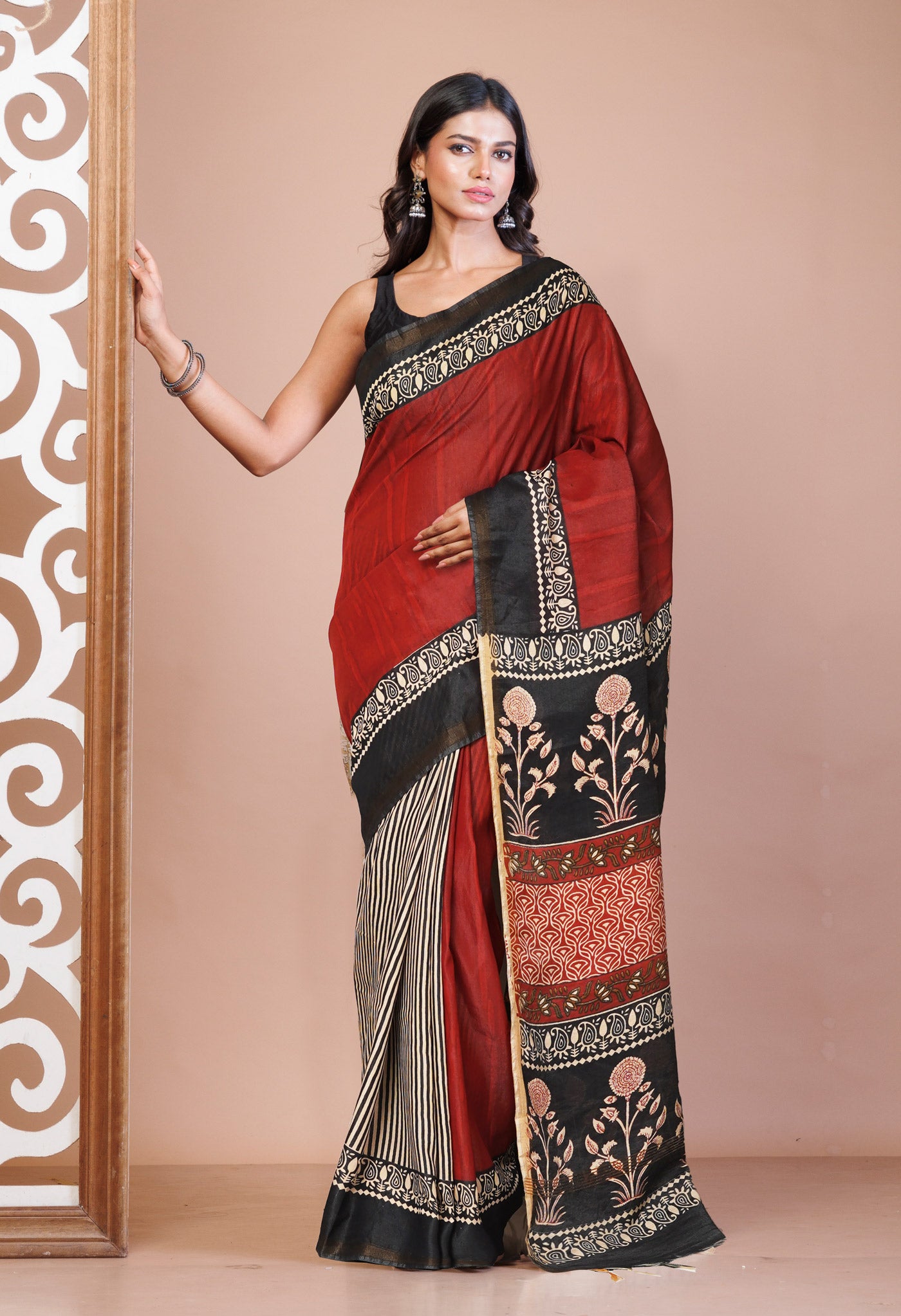 Red Pure  Hand Block Printed Pashmina Sico Saree-UNM81623