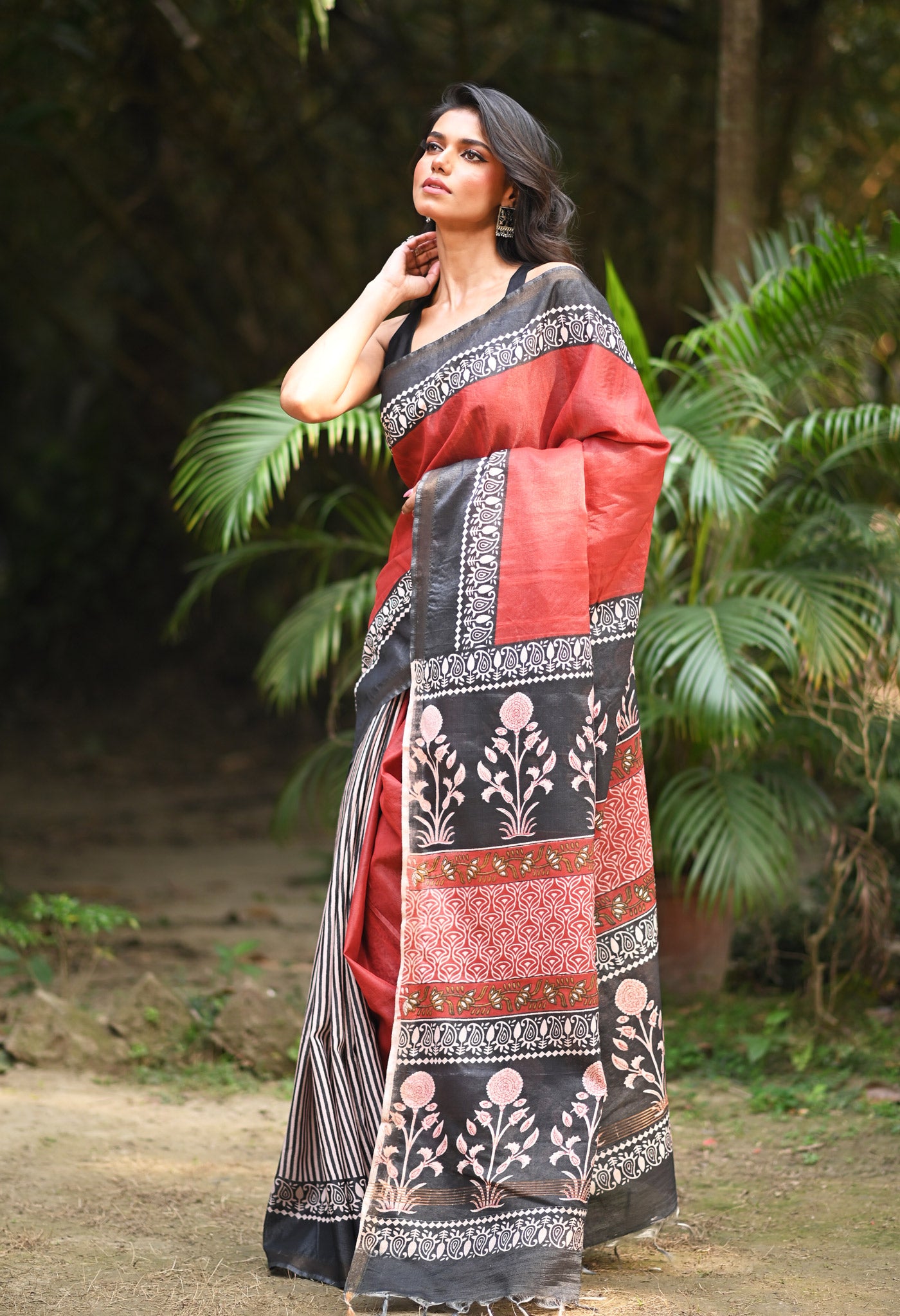 Red Pure  Hand Block Printed Pashmina Sico Saree-UNM81623