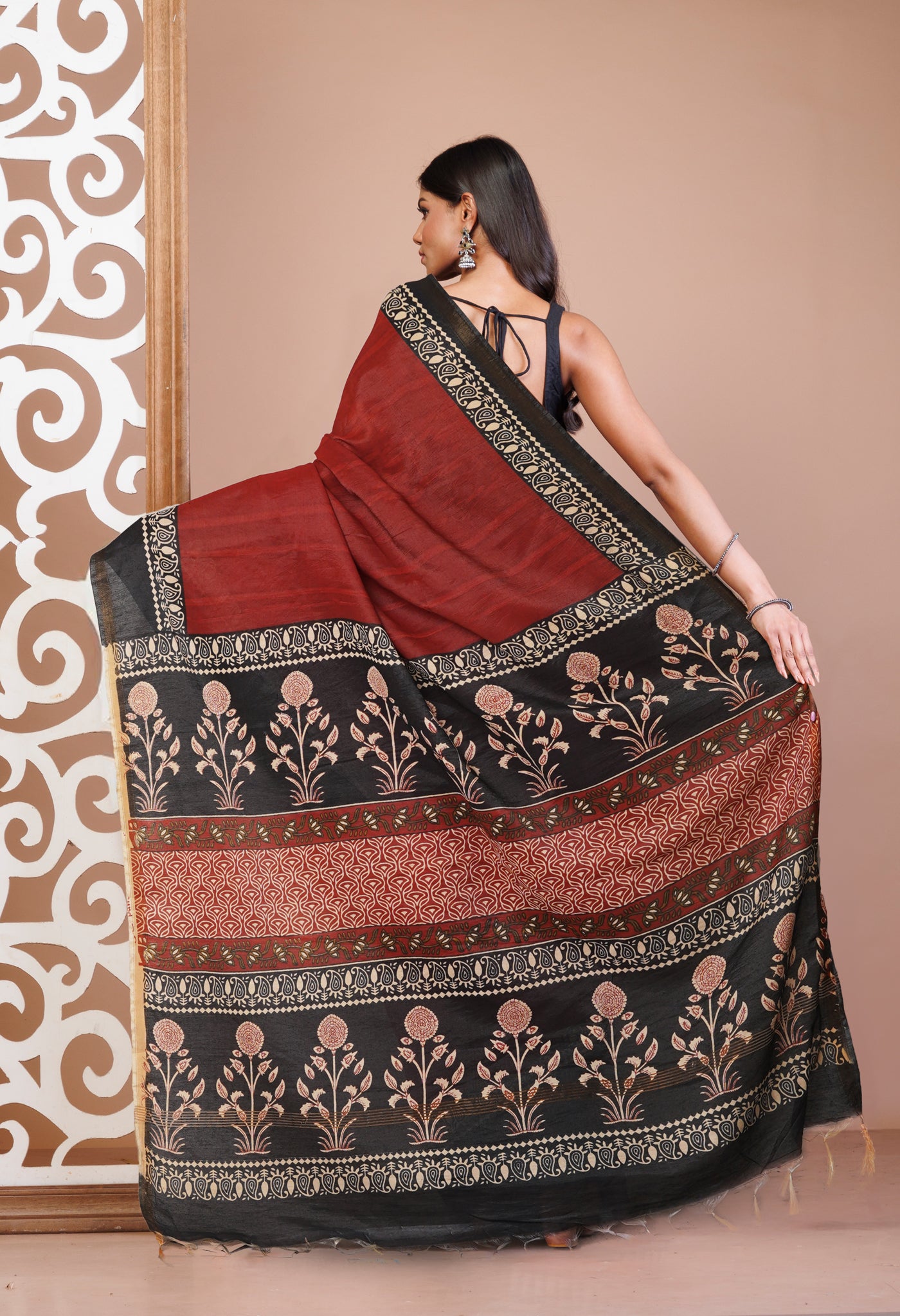 Red Pure  Hand Block Printed Pashmina Sico Saree-UNM81623