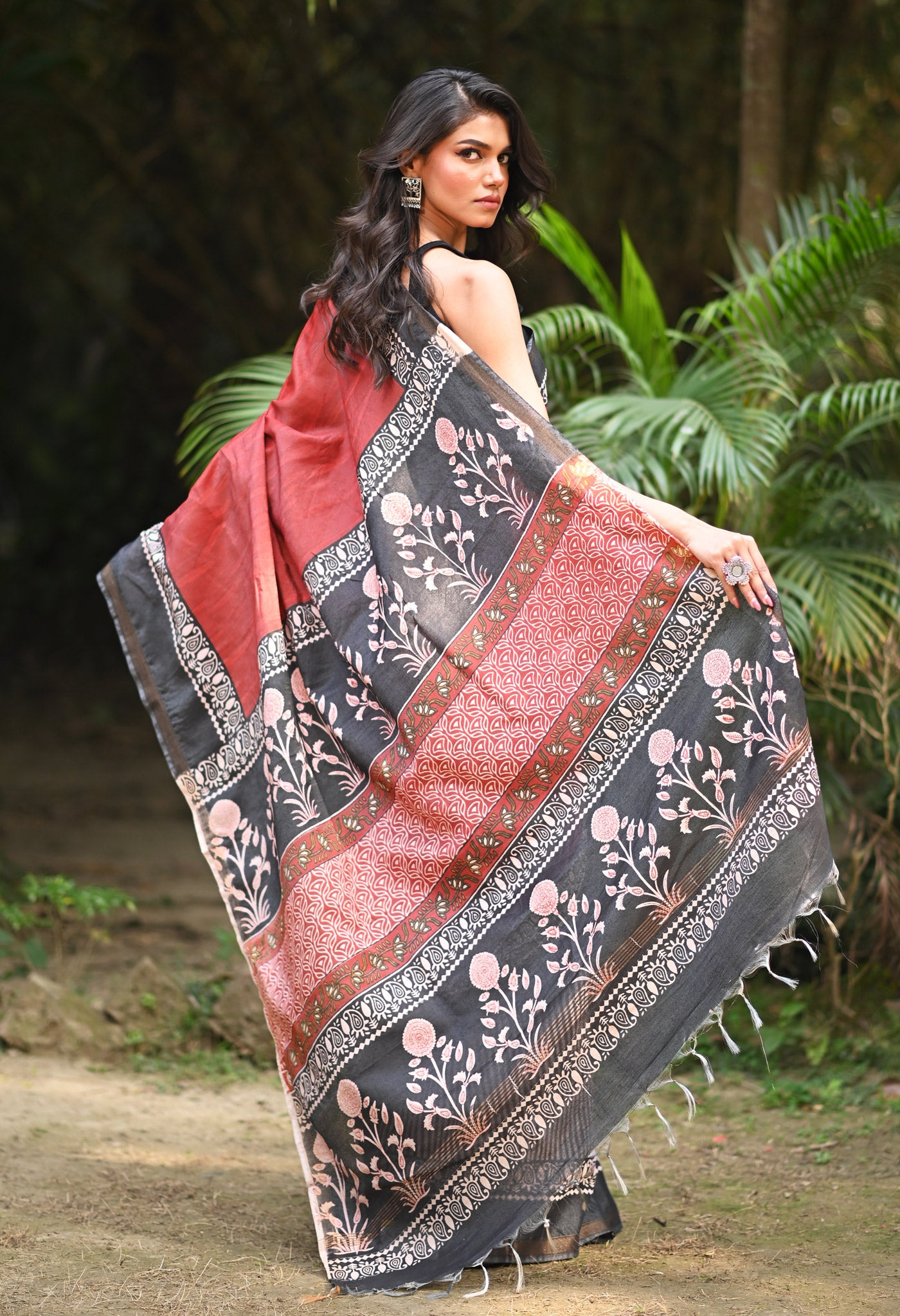 Red Pure  Hand Block Printed Pashmina Sico Saree-UNM81623