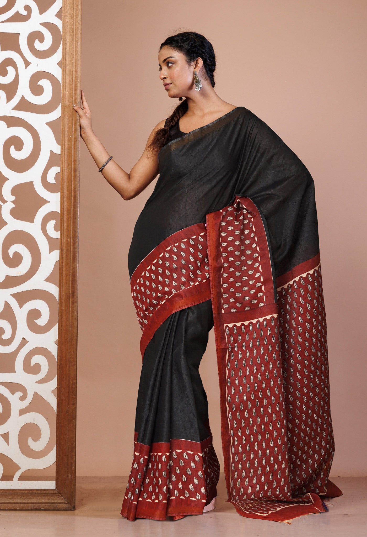 Black Pure  Hand Block Printed Pashmina Sico Saree-UNM81624