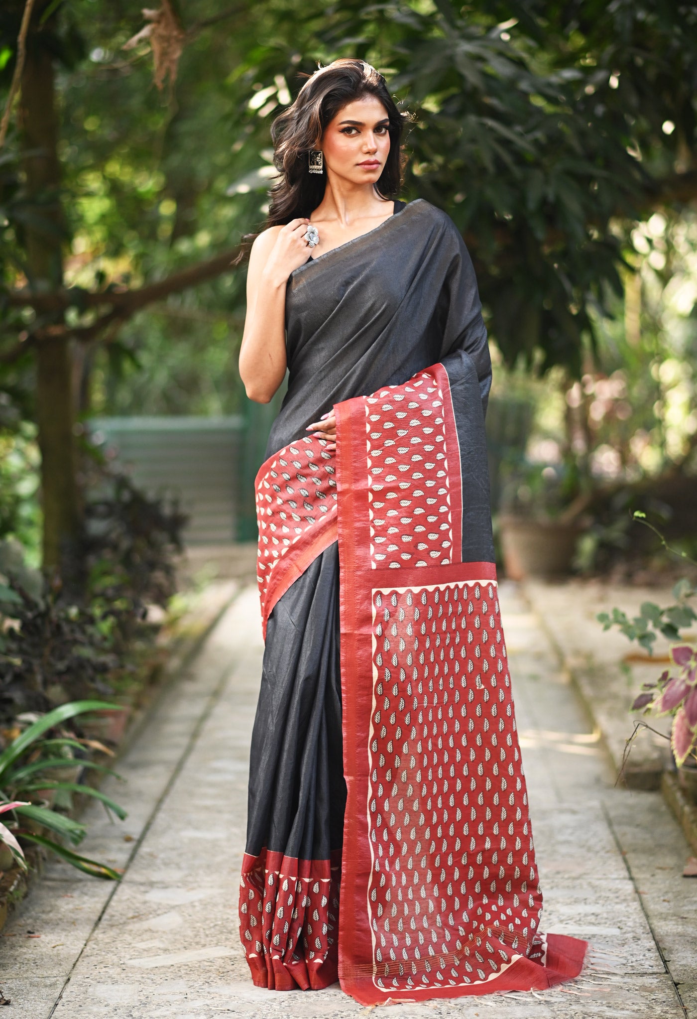 Black Pure  Hand Block Printed Pashmina Sico Saree-UNM81624