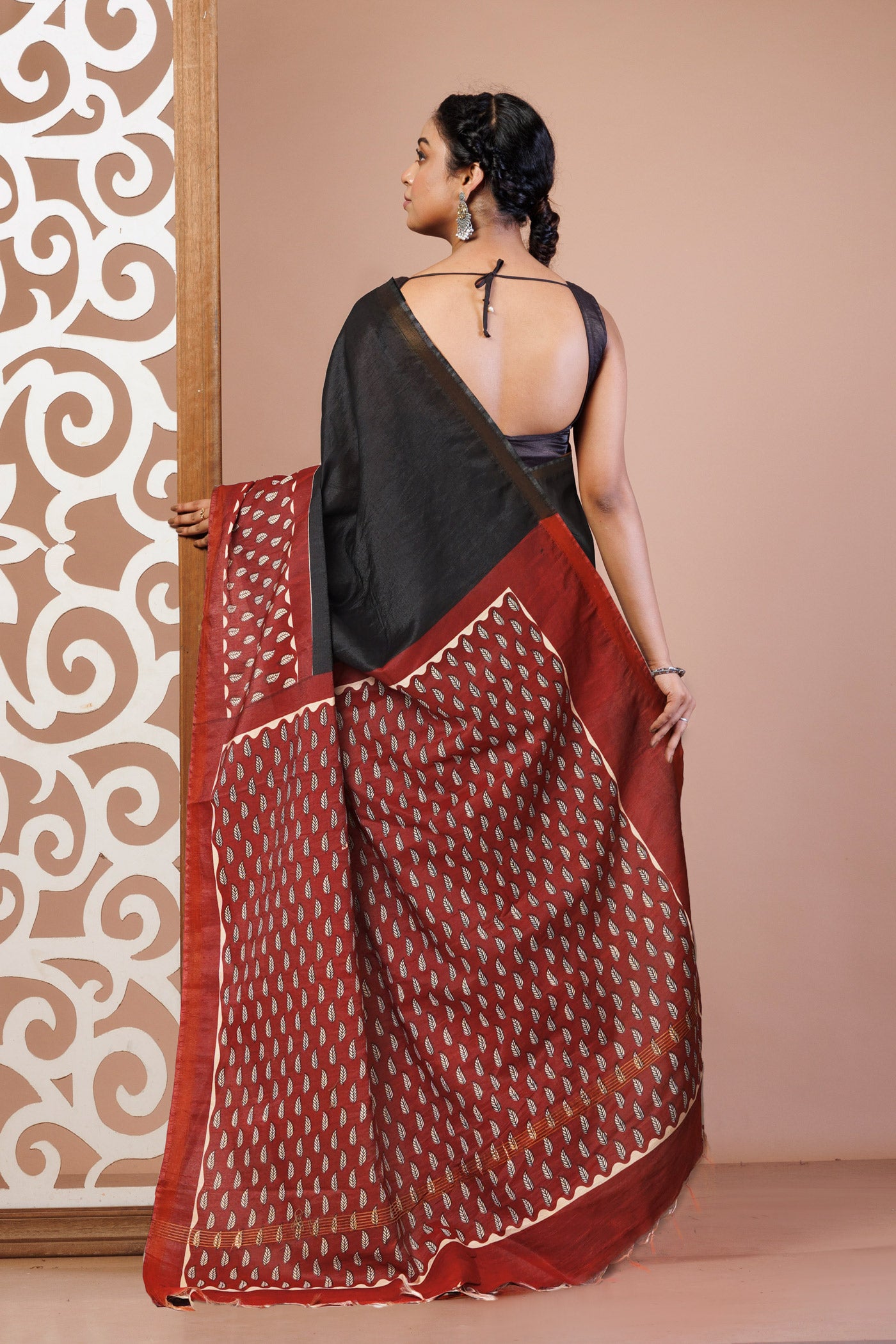 Black Pure  Hand Block Printed Pashmina Sico Saree-UNM81624