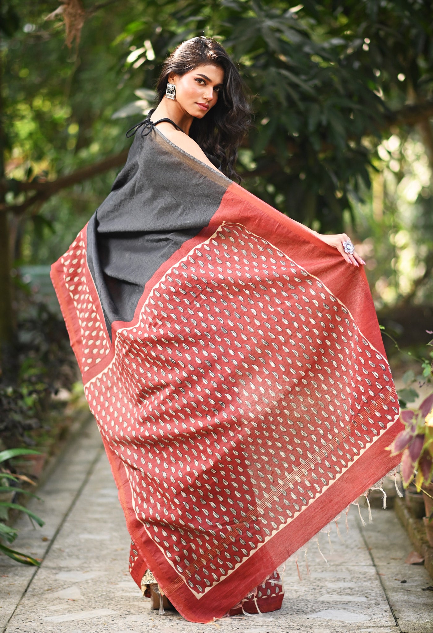 Black Pure  Hand Block Printed Pashmina Sico Saree-UNM81624