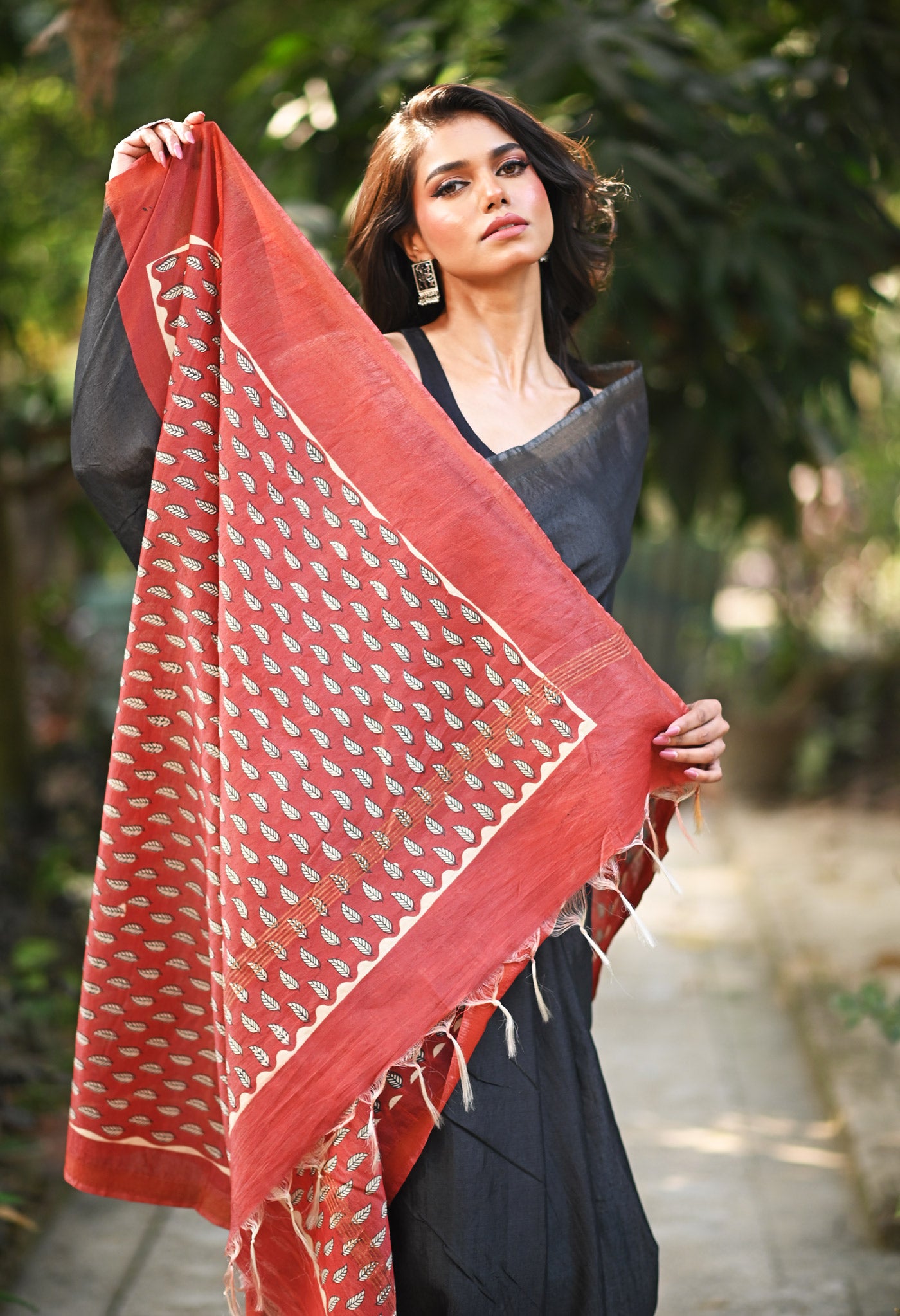 Black Pure  Hand Block Printed Pashmina Sico Saree-UNM81624