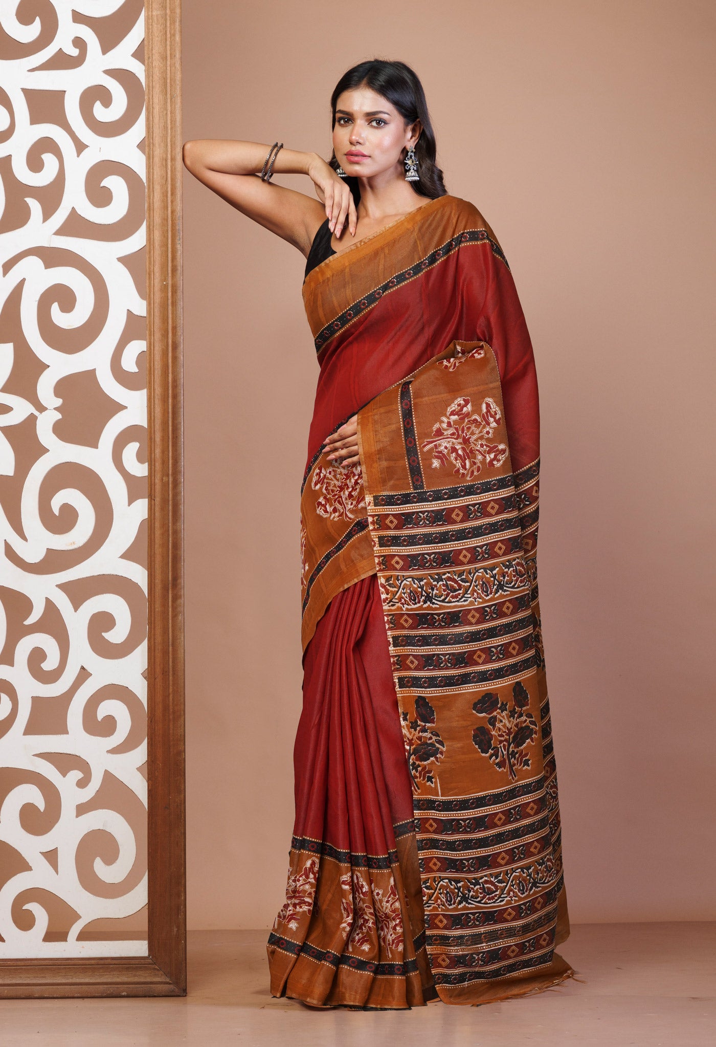 Red Pure  Hand Block Printed Pashmina Sico Saree-UNM81625