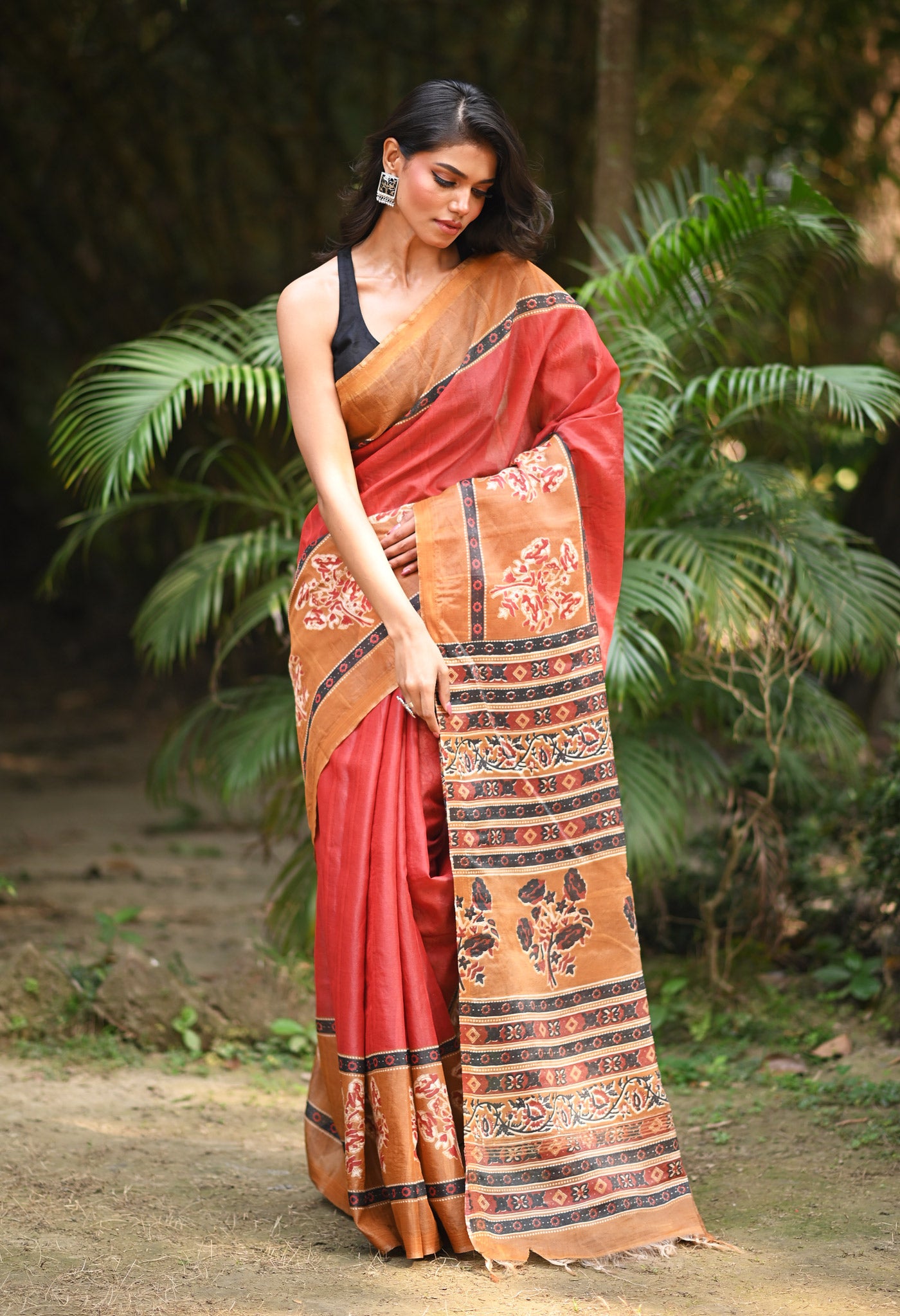 Red Pure  Hand Block Printed Pashmina Sico Saree-UNM81625