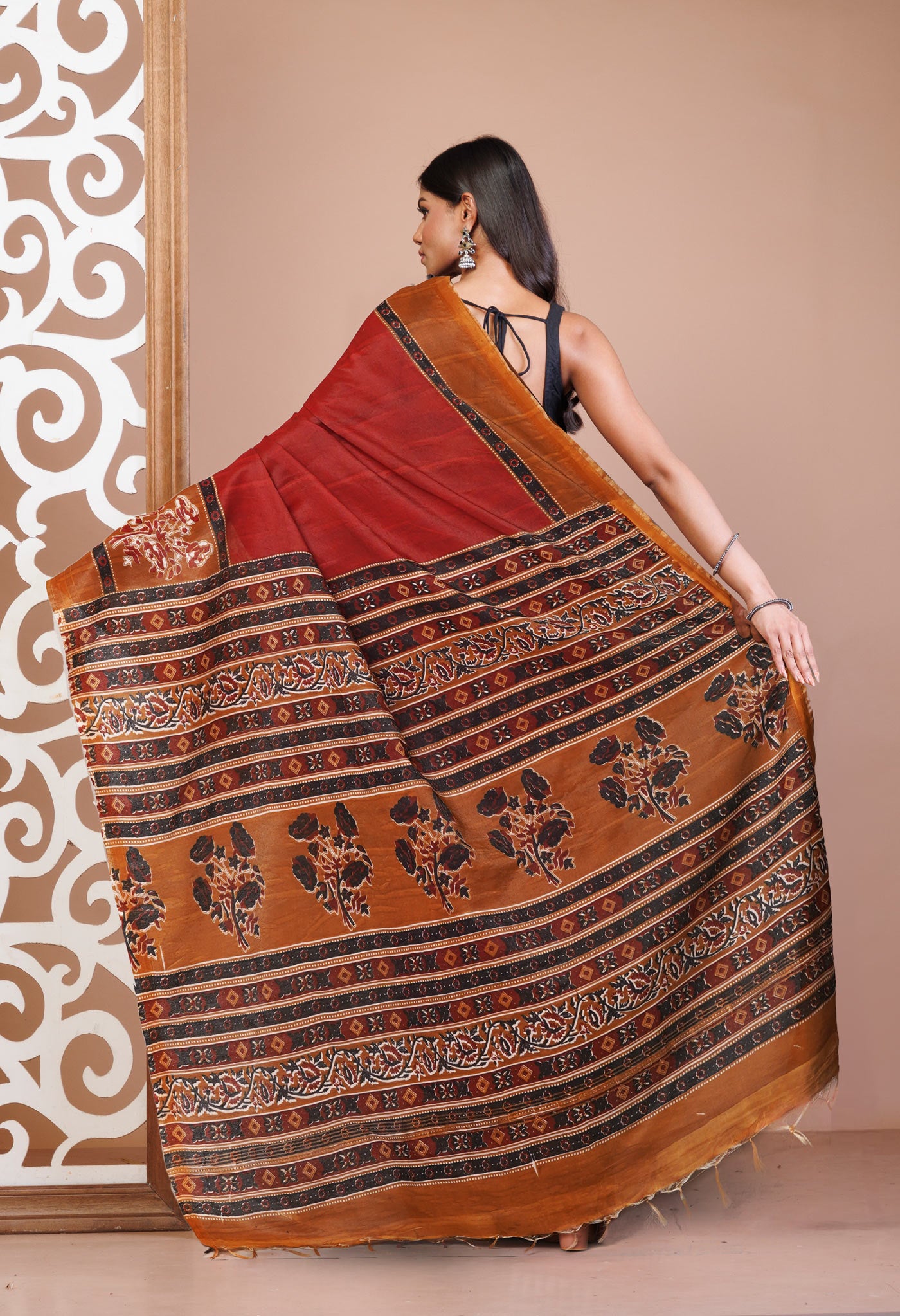 Red Pure  Hand Block Printed Pashmina Sico Saree-UNM81625