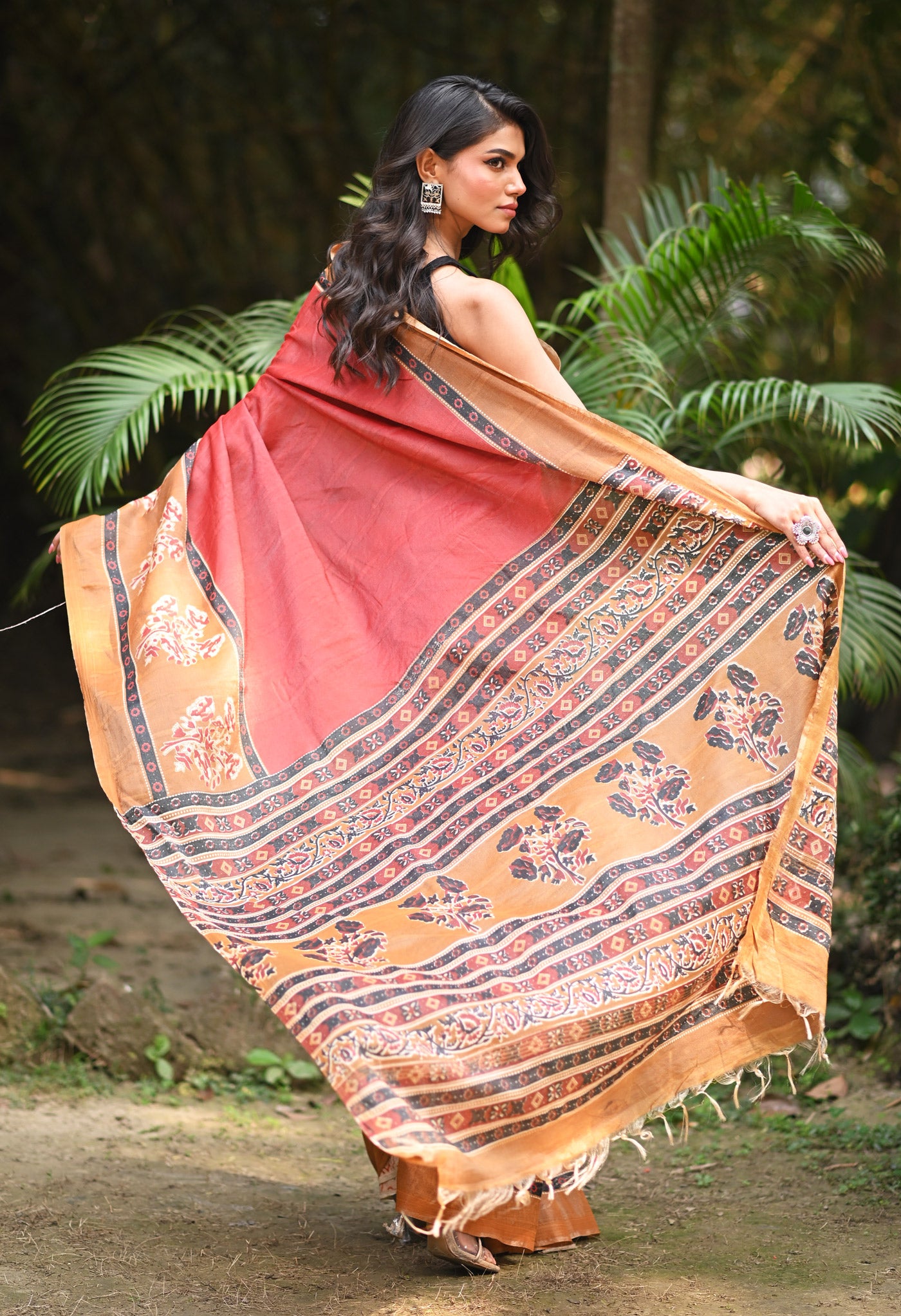 Red Pure  Hand Block Printed Pashmina Sico Saree-UNM81625