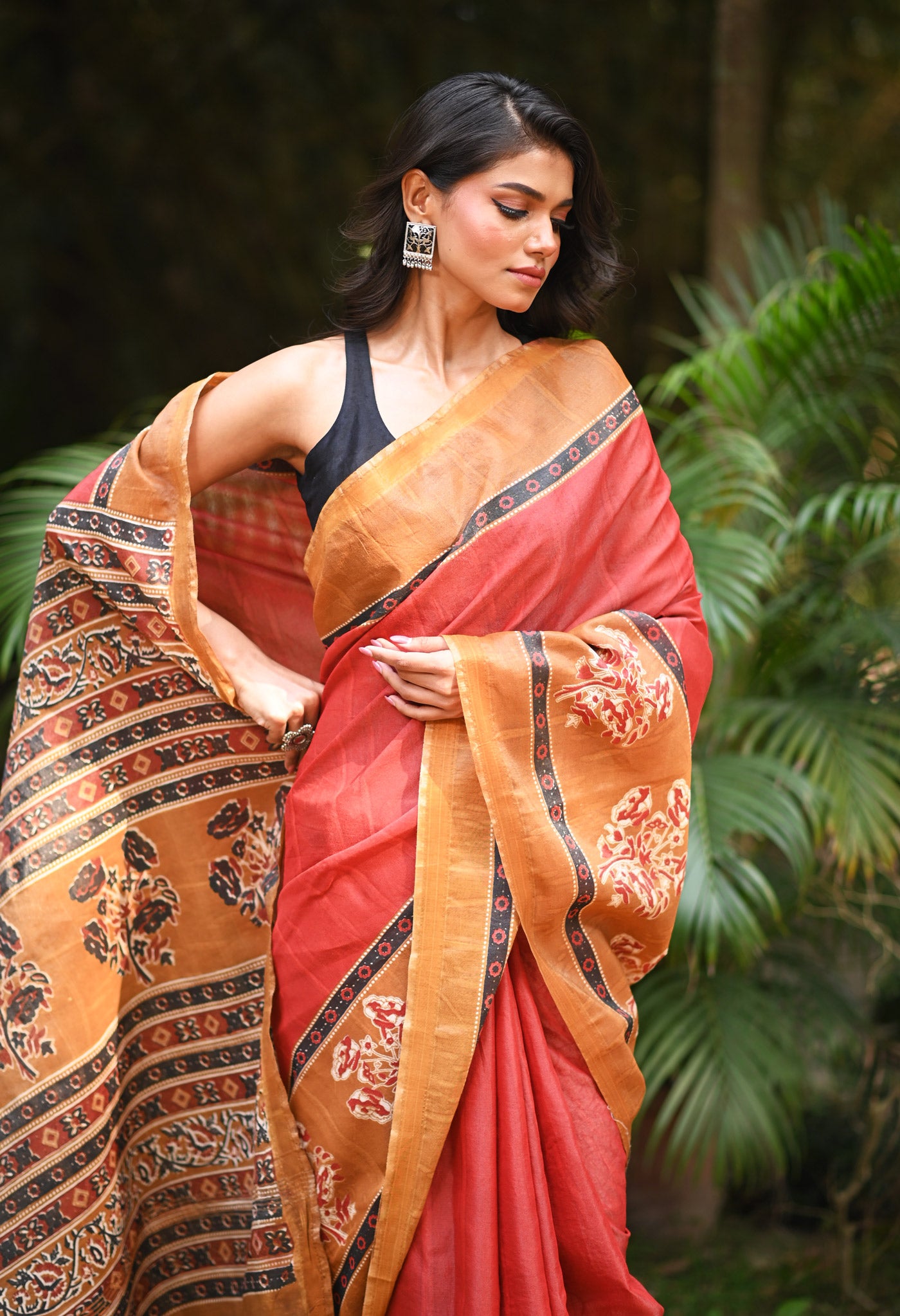 Red Pure  Hand Block Printed Pashmina Sico Saree-UNM81625