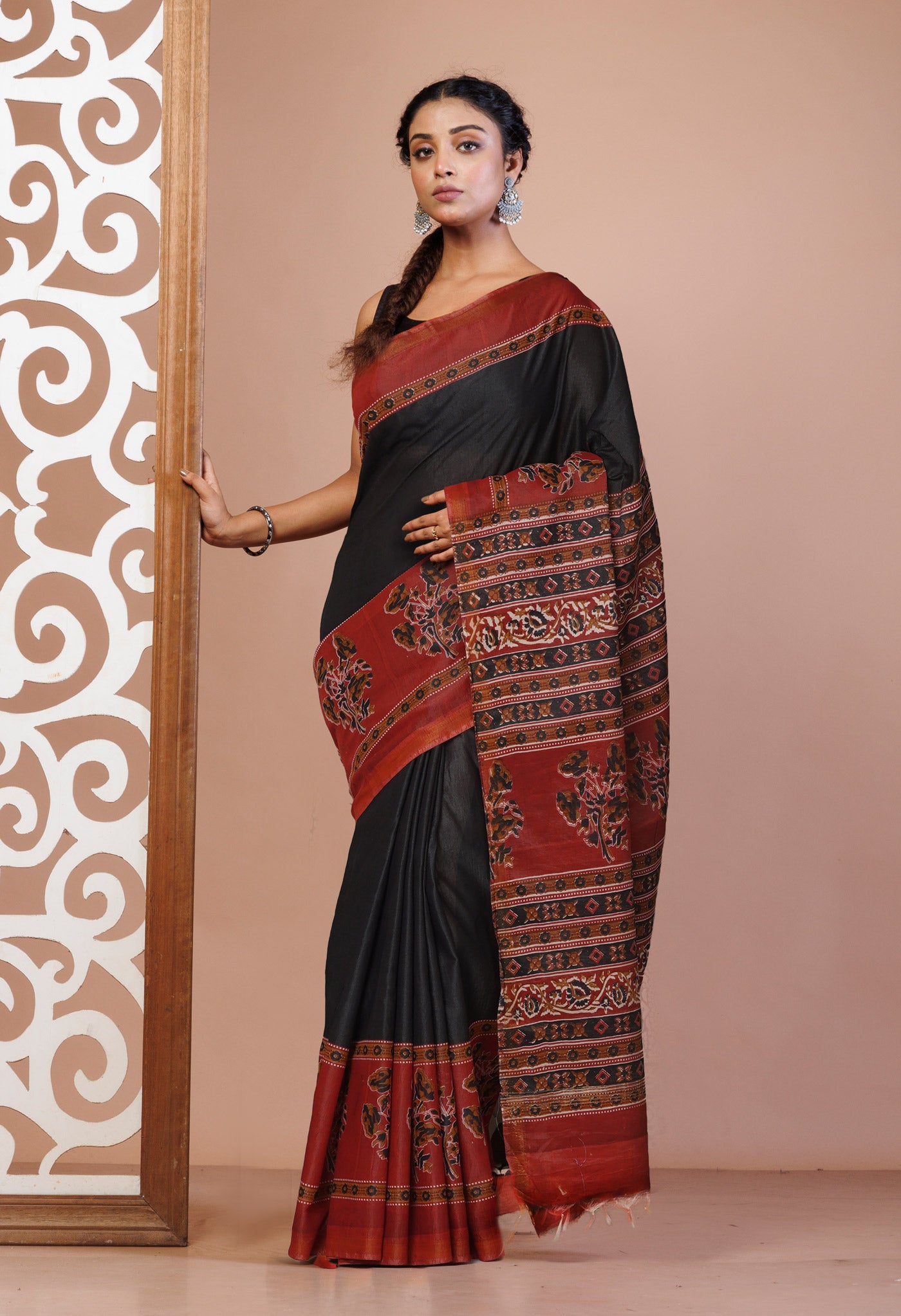 Black Pure  Hand Block Printed Pashmina Sico Saree-UNM81626