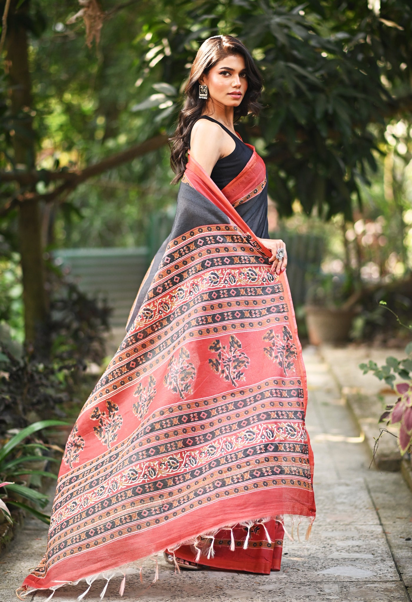 Black Pure  Hand Block Printed Pashmina Sico Saree-UNM81626