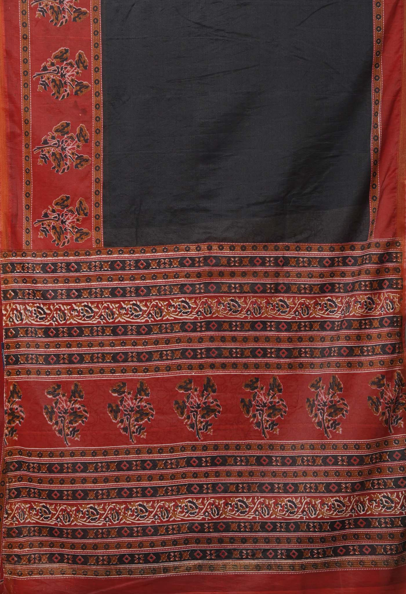 Black Pure  Hand Block Printed Pashmina Sico Saree-UNM81626